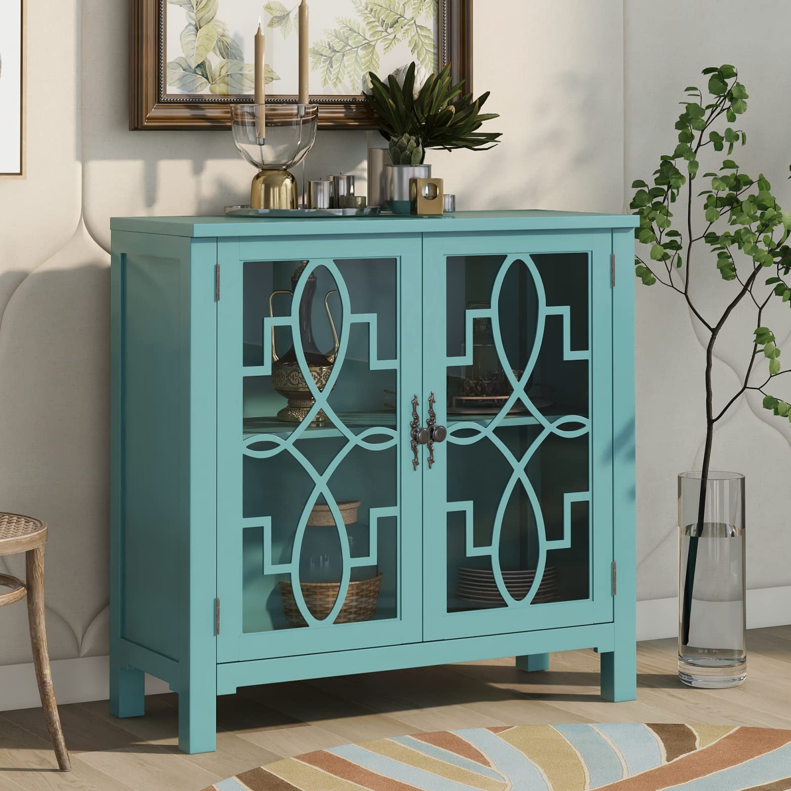 Modern Buffet Cabinet with Storage - Hollow-Carved Accent Cabinet with Adjustable Shelves, Kitchen Sideboard & Entryway Console Table - Green Storage Cabinet for Dining Room, Living Room & Hallway Decor
