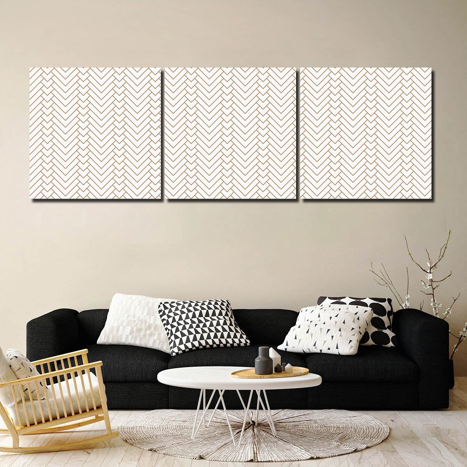 Modern Wall Art for Bedroom, Living Room & Office - 8x8 Inch Geometric Herringbone Canvas Print in White & Gold | Aesthetic Home Decor & Wall Painting Poster | Perfect for Housewarming Gifts & Interior Design
