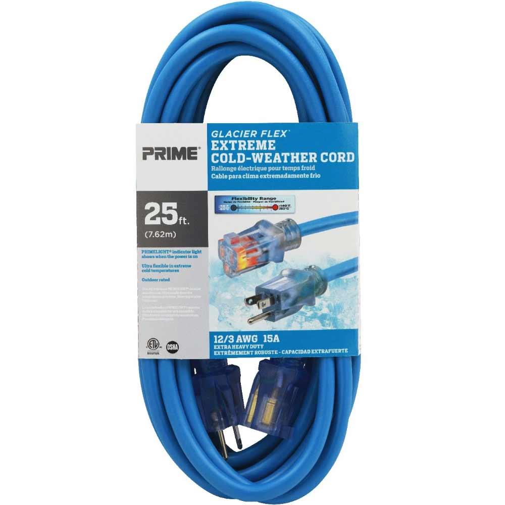 25 ft. 12/3 SJTW Heavy Duty Cold Weather Extension Cord with Power Indicator Light - Blue - Ideal for Outdoor Use, Construction Sites, and Winter Power Tools