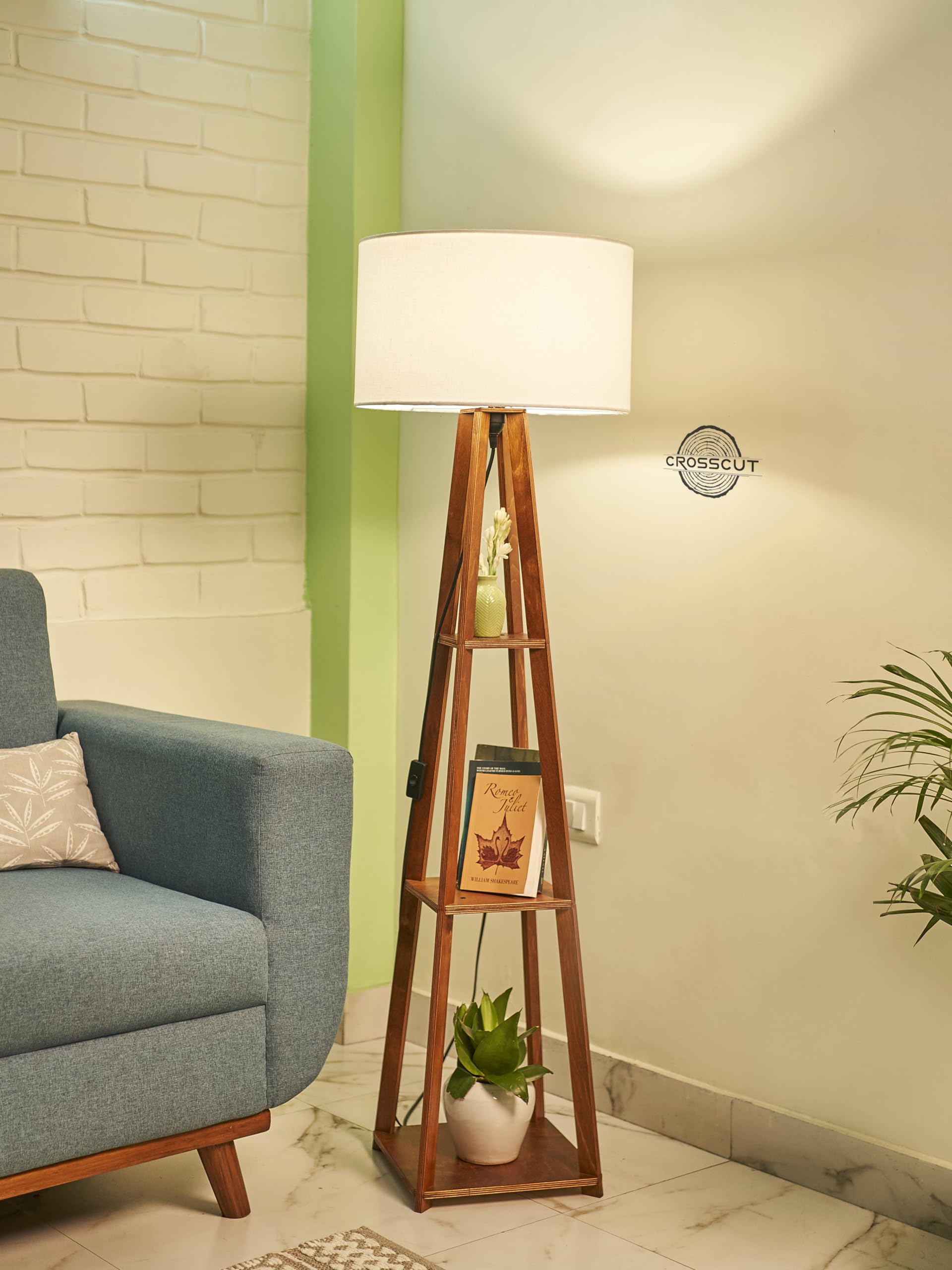 Modern Crosscut Wooden Floor Lamp with Shelf - Cotton White Finish, Includes LED Bulb | Perfect for Living Room, Bedroom & Office Lighting Decor