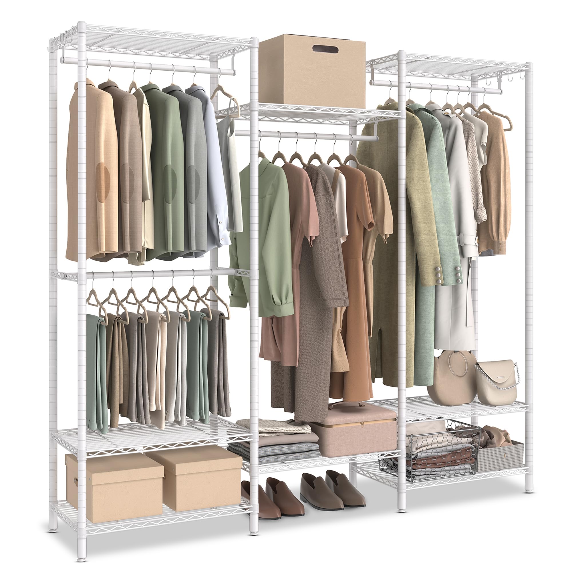 SONGMICS Heavy Duty Portable Wardrobe Closet - Freestanding Clothes Rack Organizer with Adjustable Metal Frame, Wire Shelves & Hanging Rods | Perfect for Bedroom, Closet Organization, Dorm Room & Small Spaces | Cloud White ULGR431W01