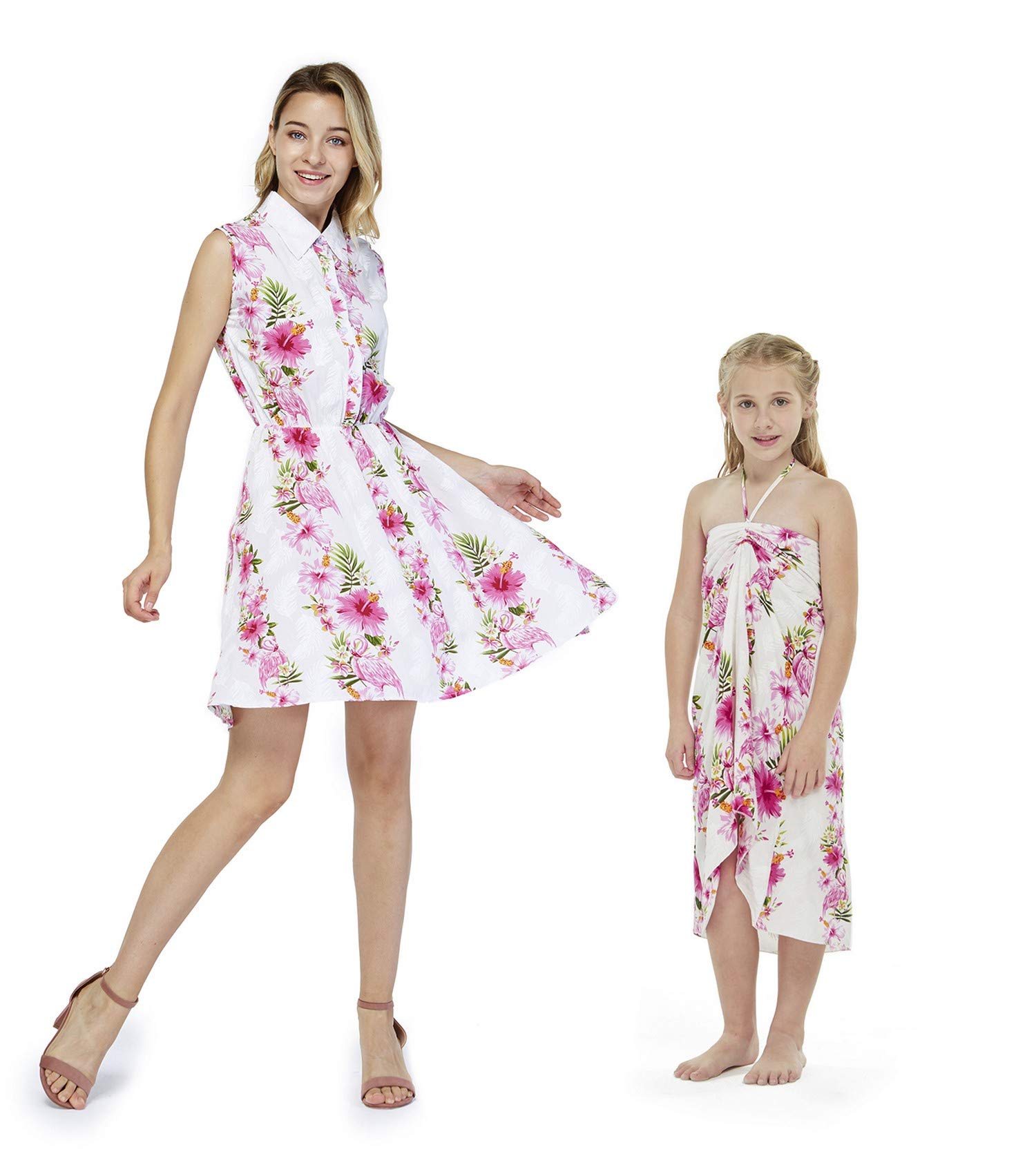 Hawaiian Luau Matching Mother Daughter Shirt Dress - Pink Hibiscus Vine Print Tropical Outfit for Family Vacation, Beach Party & Summer Photoshoot