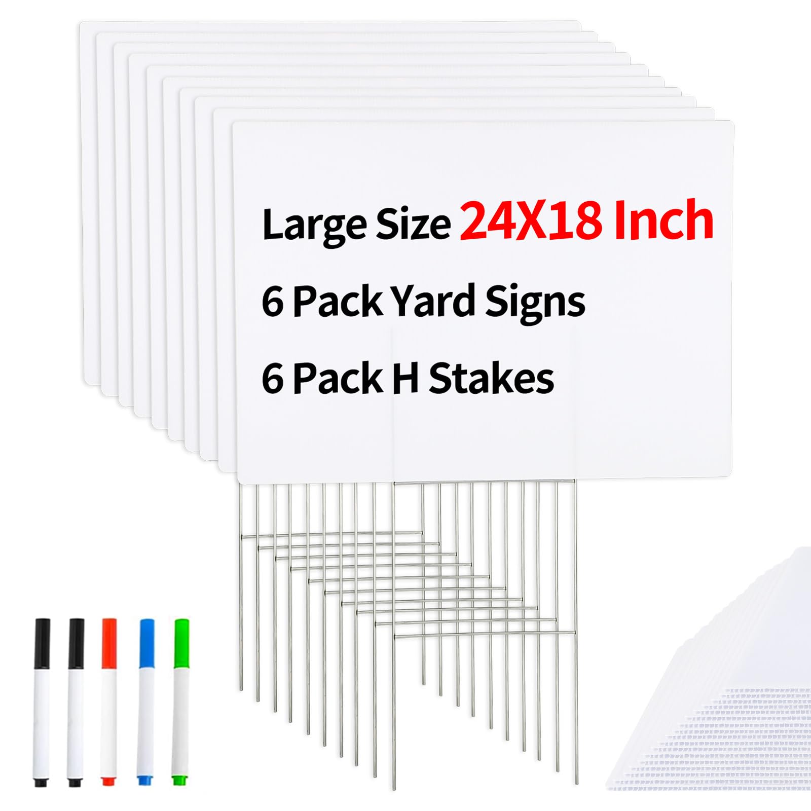 6 Pack 18x24 Inch White Corrugated Plastic Yard Signs with Stakes for Garden, Garage Sales & Parties