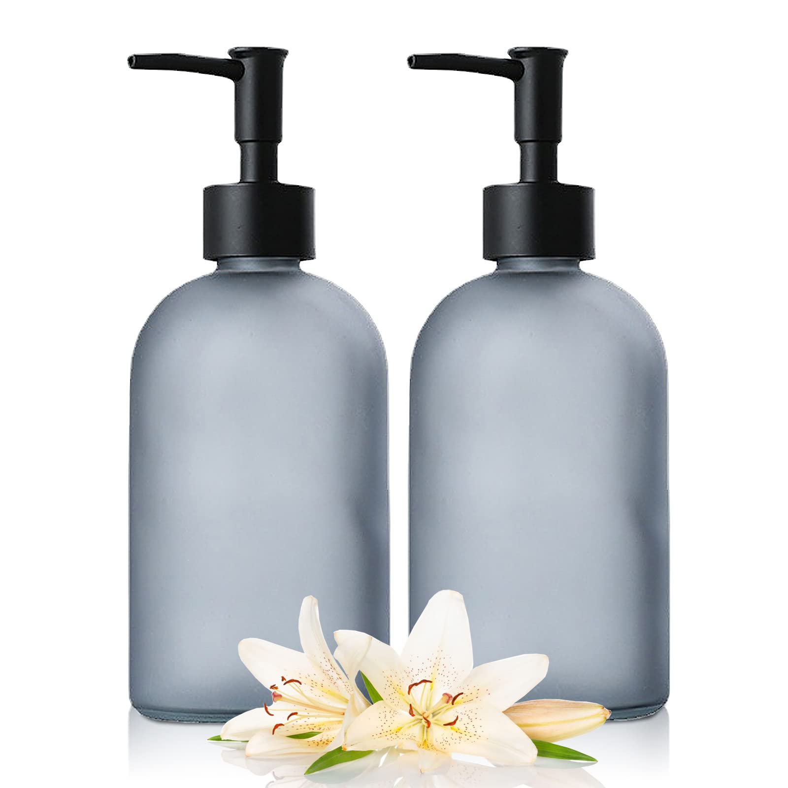 2-Pack Frosted Grey Glass Soap Dispenser - 14oz Refillable Bathroom Soap Dispenser for Hand Soap, Dish Soap & Essential Oils | Elegant Countertop Decor for Kitchen, Bathroom & Vanity