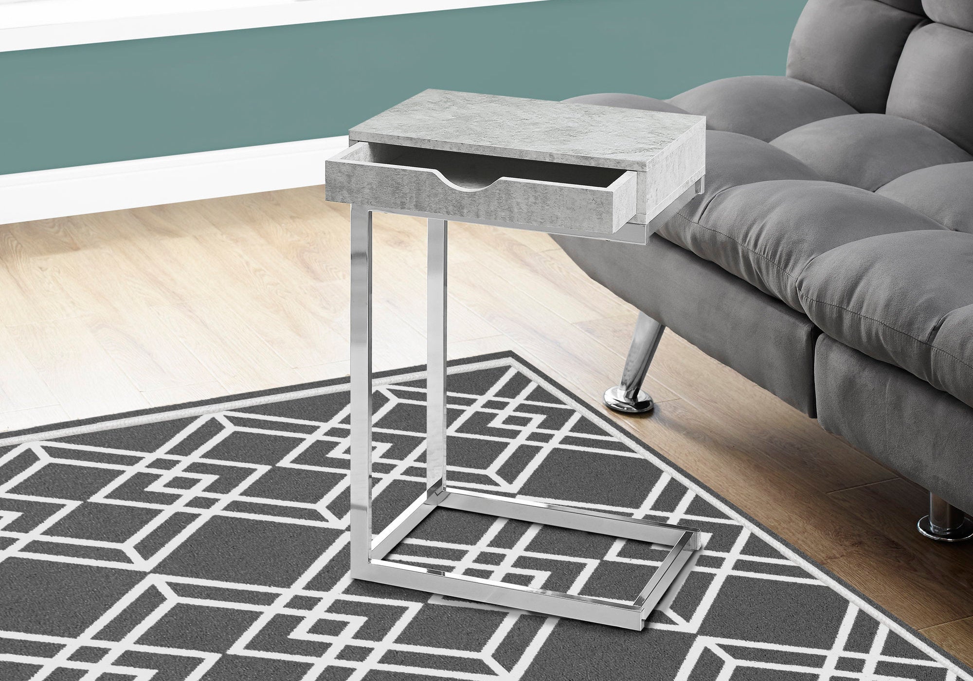 Modern Chrome Metal & Grey Cement Accent Table with Drawer - Perfect for Living Room, Bedroom, or Office Decor