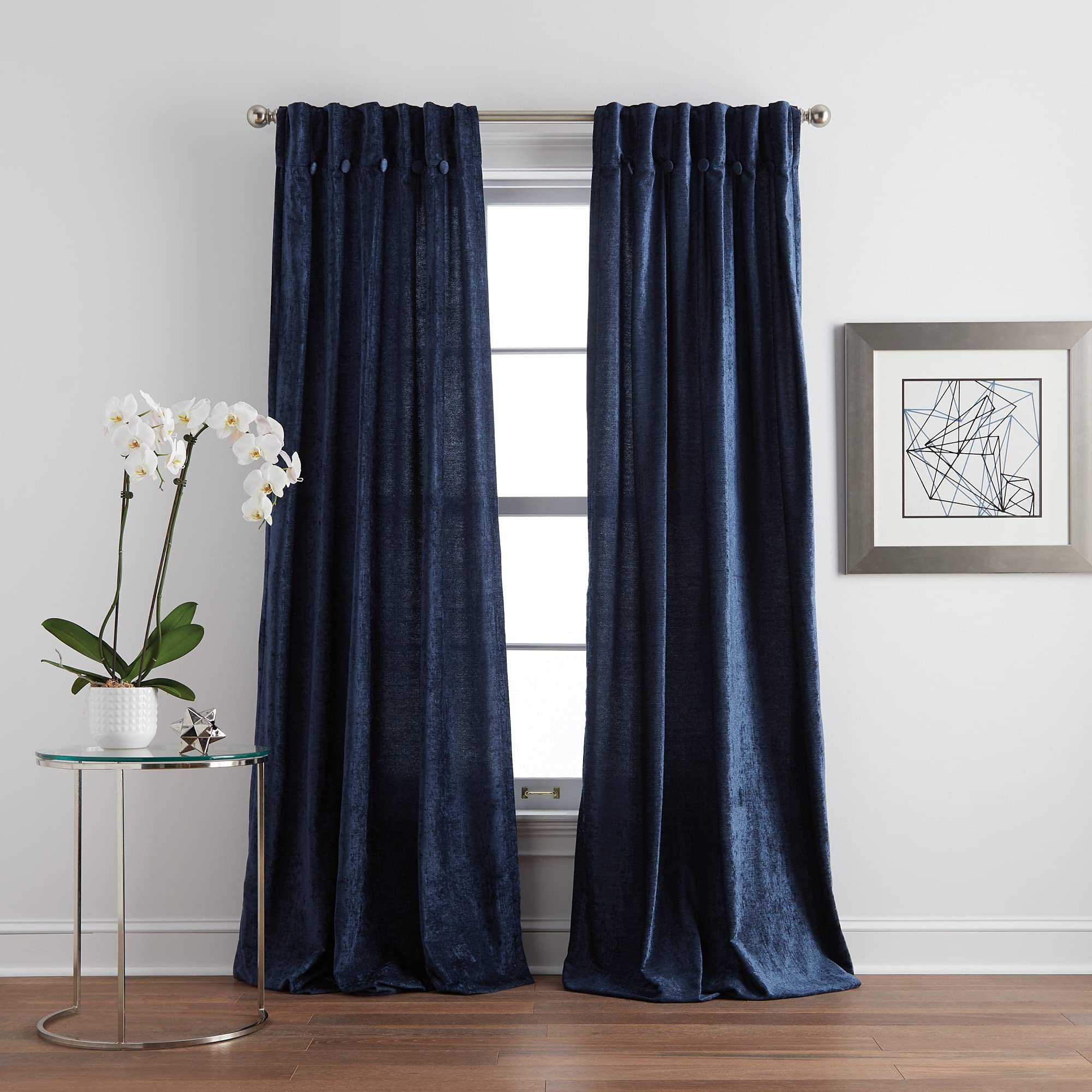 DKNY Classic Chenille Inverted Pleat Window Curtain Panel Pair - 108 Inch Length, Indigo Blue Blackout Drapes for Living Room & Bedroom - Thermal Insulated Room Darkening Curtains for Home Decor