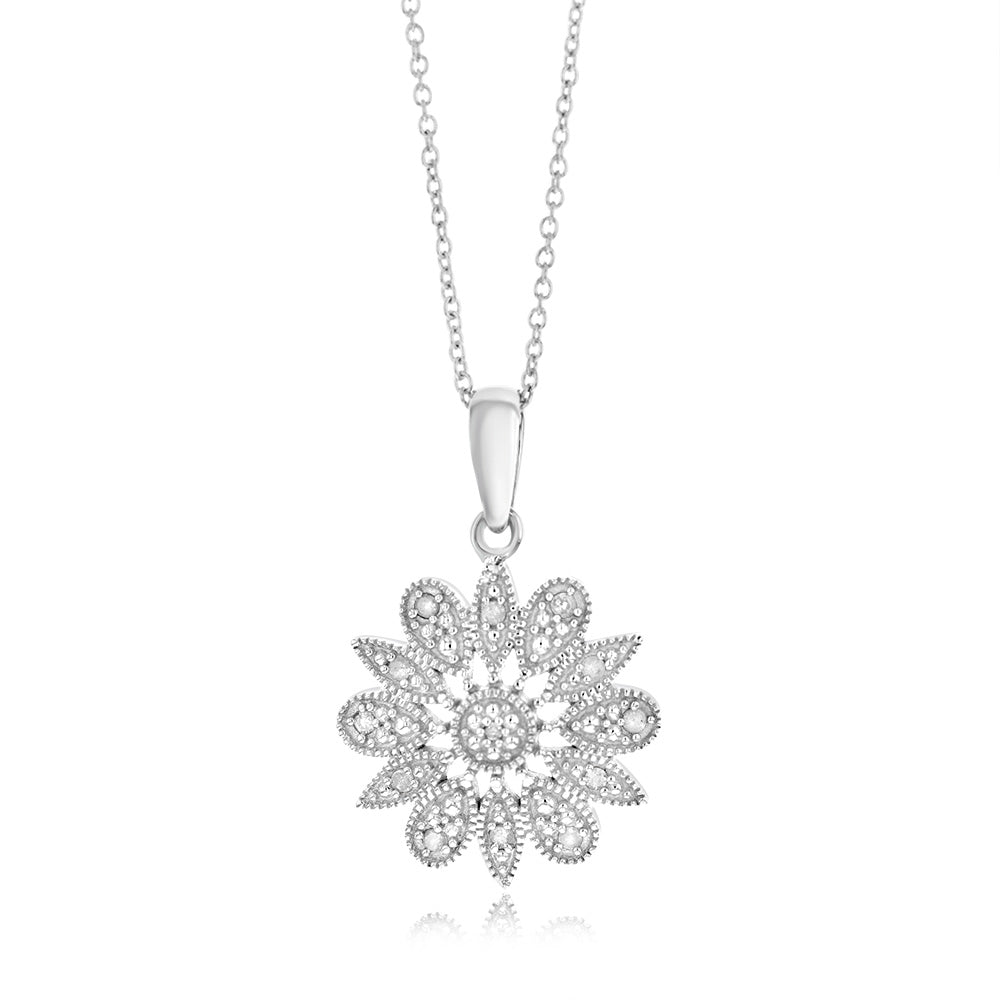 1/10 Carat Diamond Flower Pendant Necklace in Sterling Silver 925 - Elegant Jewelry Gift for Women, Perfect for Valentine's Day, Anniversary & Special Occasions