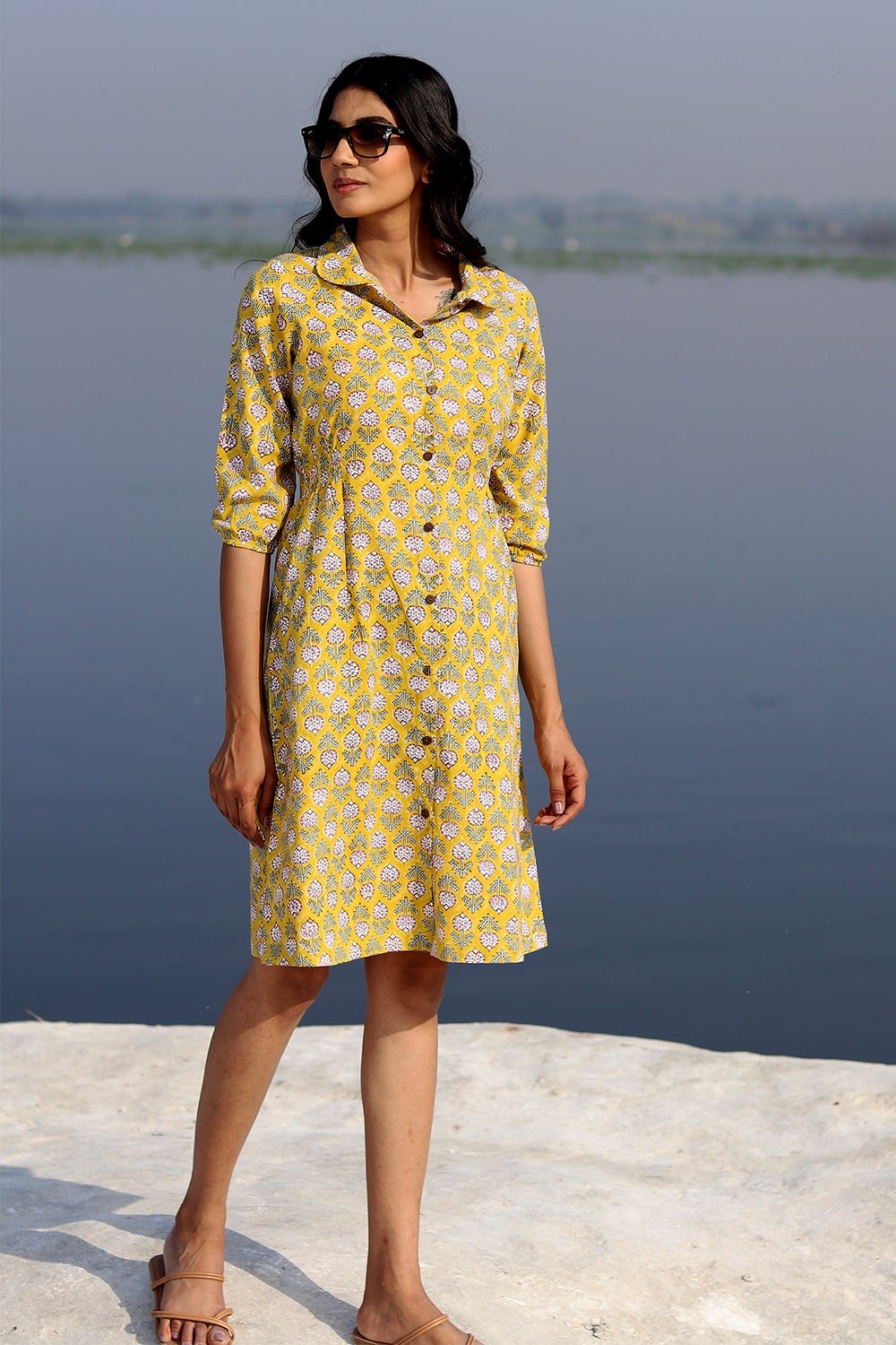 Yellow Meadow Cotton Dress for Women - Floral Summer Casual Dress - Perfect for Beach, Picnic, and Outdoor Events