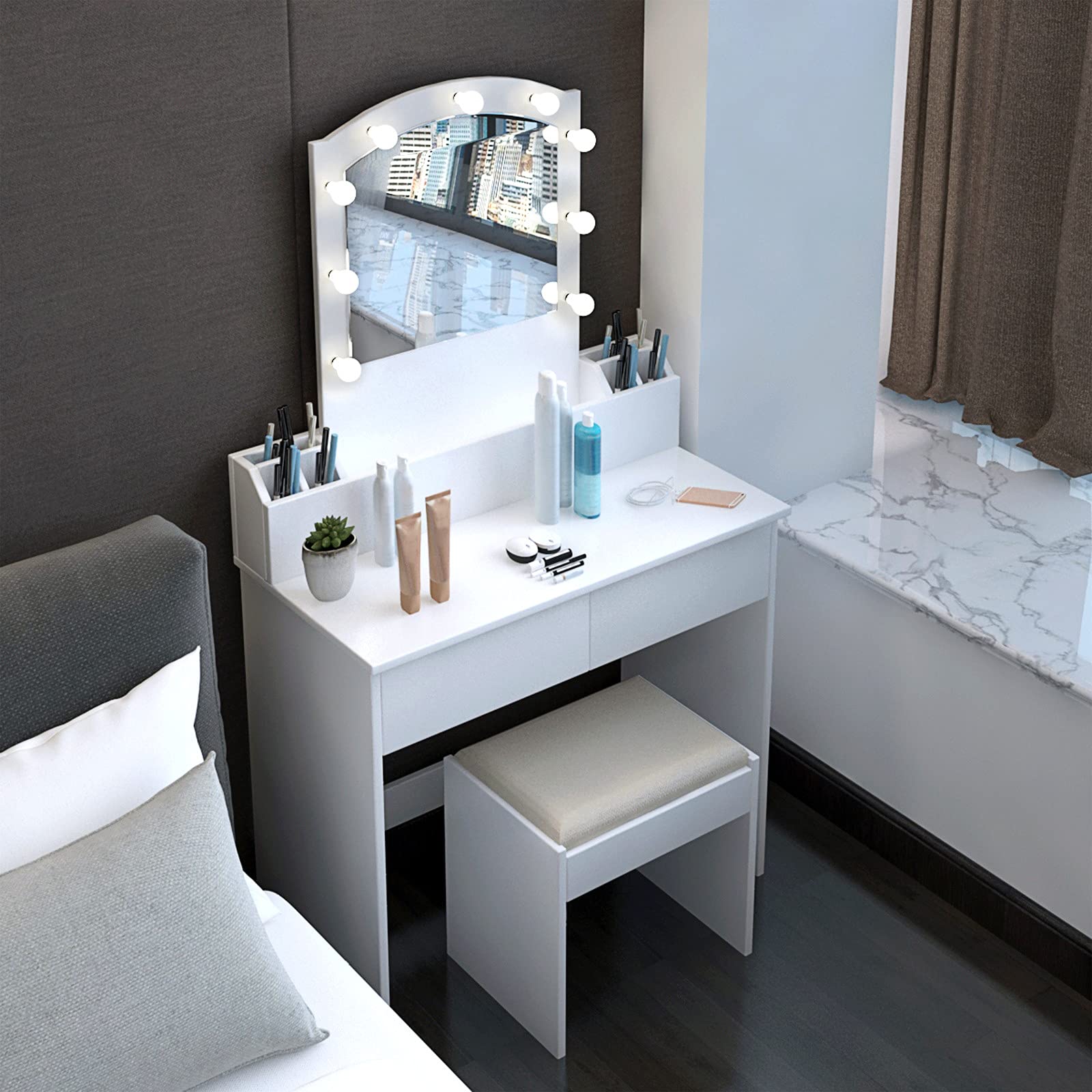 Vanity Table Set with LED Lighted Mirror & Cushioned Stool - 10 LED Lights, 5 Drawers, 3 Lighting Modes, Brightness Adjustable Makeup Dressing Table (31.5x15.3x56.69in) - Perfect for Bedroom, Dressing Room & Beauty Salon Makeup Application