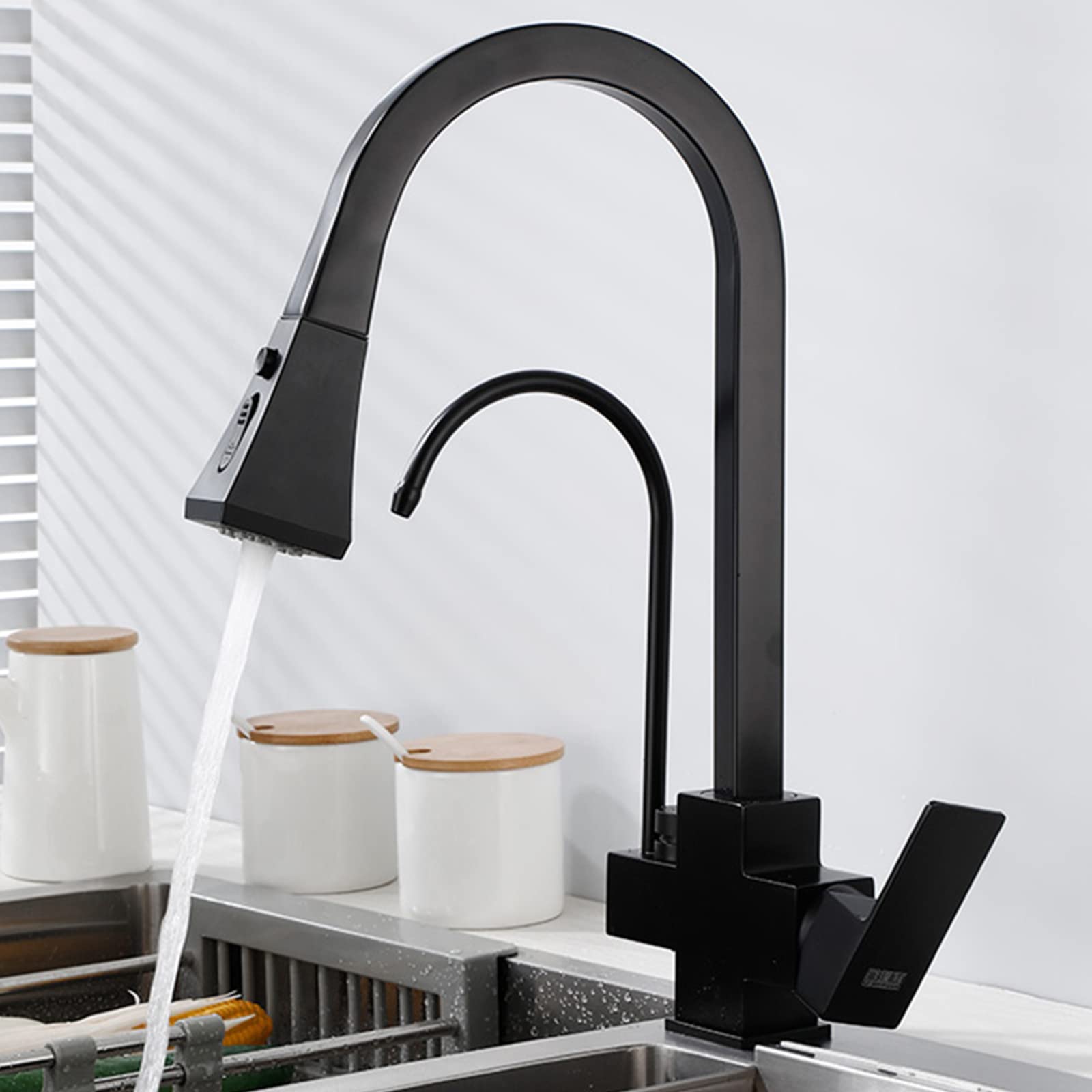 3-Way Kitchen Faucet with Pull-Out Spray - Brass Swivel Black Modern Faucet for Sink - Perfect for Multi-Tasking Cooking, Washing Dishes & Filling Pots