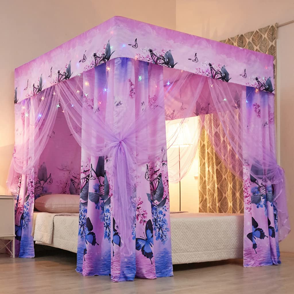 Elegant Flower Print 2-in-1 Mosquito Net & Bed Curtain with 4 Corner Protection - Privacy Screen for Kids Bedroom Decor (King Size, Purple Butterfly Pattern) | Perfect for Nursery, Children's Room & Summer Protection