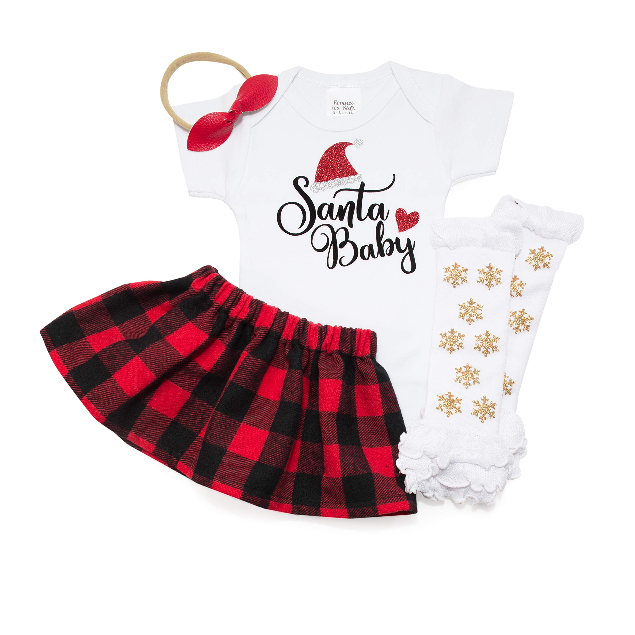 Romari Christmas Outfit for Girls - Santa Baby Costume Set with Plaid Skirt, Leg Warmers & Hair Bow | Holiday Party Dress for Xmas Photos, Pageants & Family Gatherings