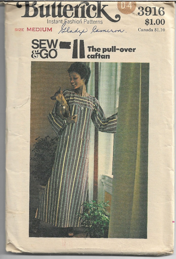 Vintage Butterick 3916 Sewing Pattern - 1970s Ladies Caftan Dress for Summer Beach & Boho Fashion