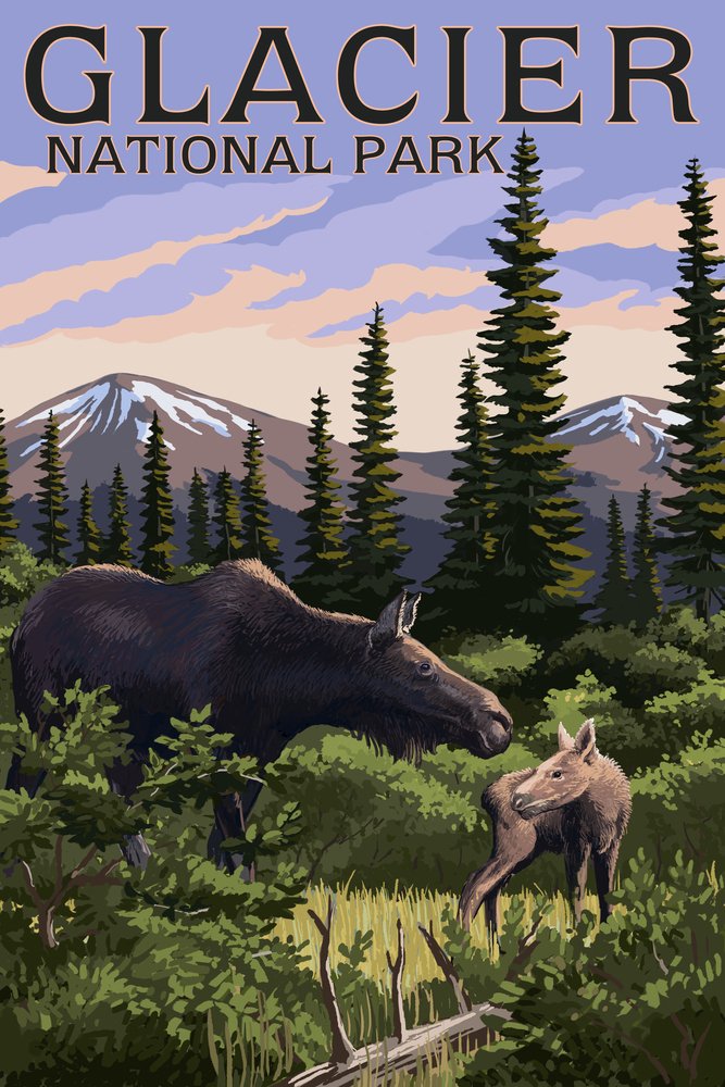 12x18 Glacier National Park Montana Moose and Calf Wall Art Poster - Nature Wildlife Decor for Living Room, Bedroom & Office