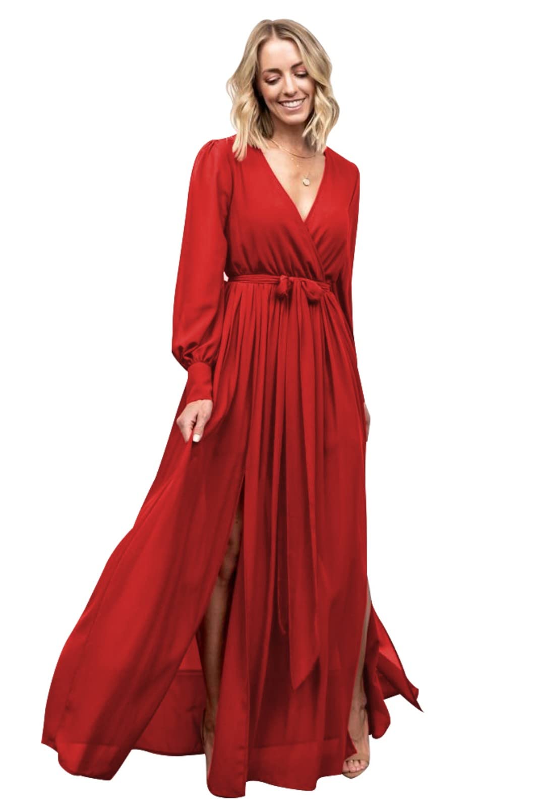 Elegant Women's V-Neck Long Sleeve Bridesmaid Dress with High Slit - Formal Evening Gown for Weddings, Prom, Parties & Special Occasions