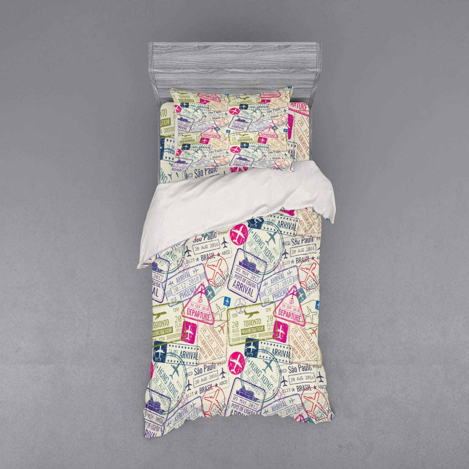 Ambesonne Travel Themed Duvet Cover Set - Passport & Visa Stamp Design Featuring Toronto, Hong Kong, Berlin - 3 Piece Bedding Set with Pillow Sham & Fitted Sheet - Twin Size in Eggshell & Pink - Perfect for Wanderlust Bedrooms & Travel Inspired Decor