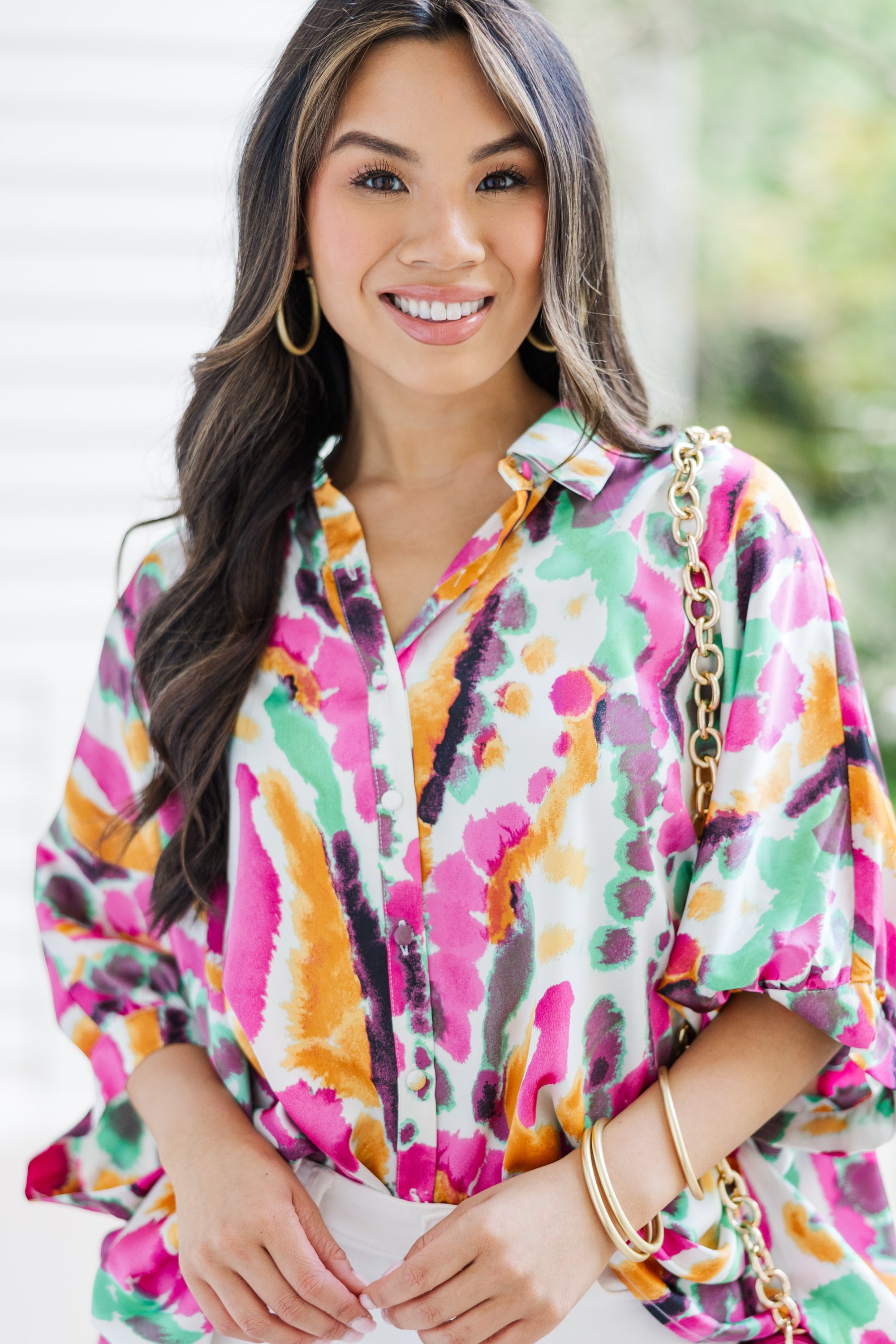Stylish Pink Abstract Blouse for Women - Trendy Boho Chic Top for Casual Outings & Date Nights