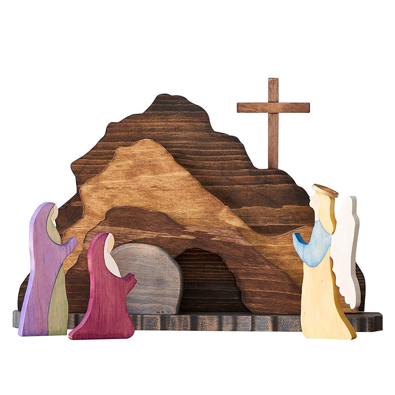 Easter Wooden Decoration Set - Religious Resurrection Scene with Wooden Cross & Risen Christ Figurine - Easter Table Centerpiece for Home Decor, Church Display & Holiday Crafts (4-Piece Set)