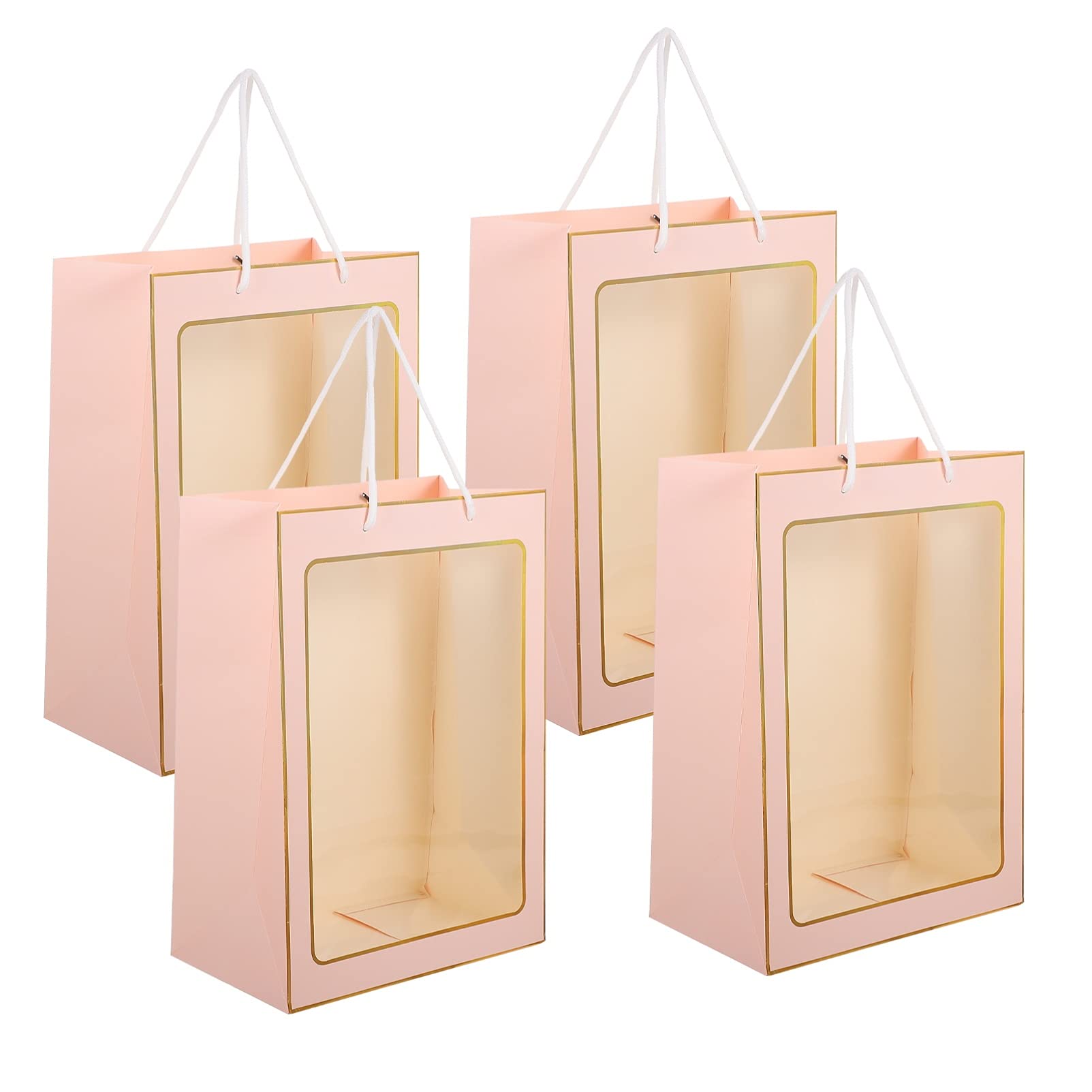 EXCEART 4-Pack Pink Floral Gift Bags with Clear Window - Wedding Bouquet Wrapping, Anniversary Party Favor, Bridal Shower Flower Packaging - Reusable Paper Tote Bags for Florist Arrangements & Special Occasions
