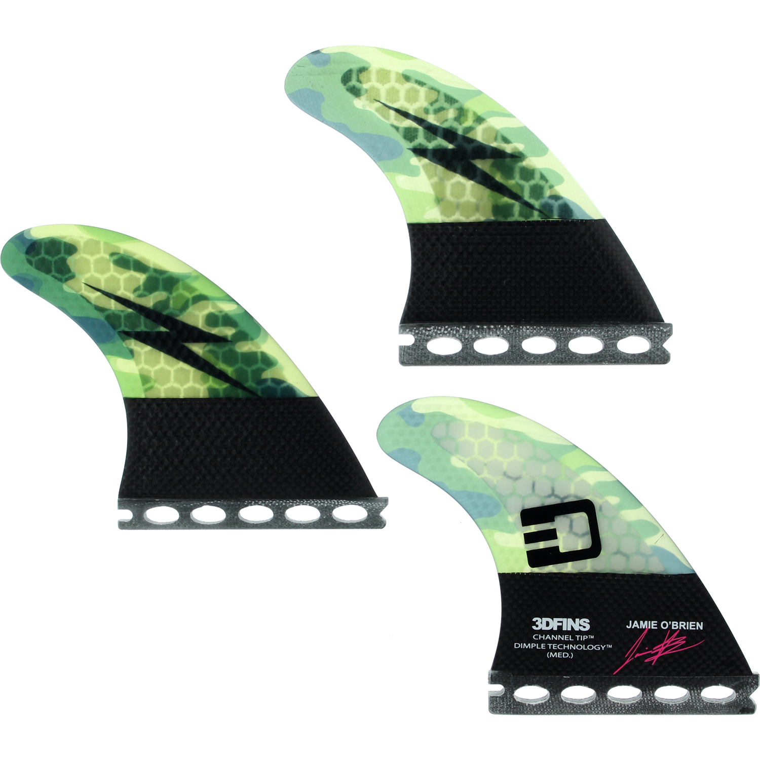 3D O'Brien Channel Tip Tech Camo Medium Full Base Surfboard Fins - Set of 3 Pieces for Enhanced Surfing Performance & Wave Control