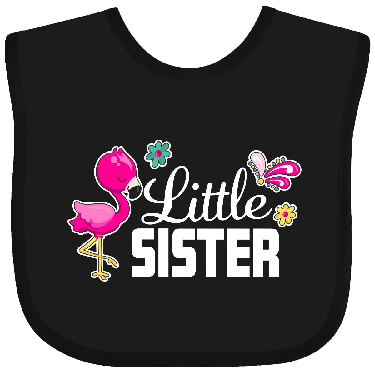 Inktastic Little Sister with Flamingo and Flowers Baby Bib - Cute & Soft Cotton Drool Bib for Infants - Perfect for Feeding, Playtime & Photo Shoots