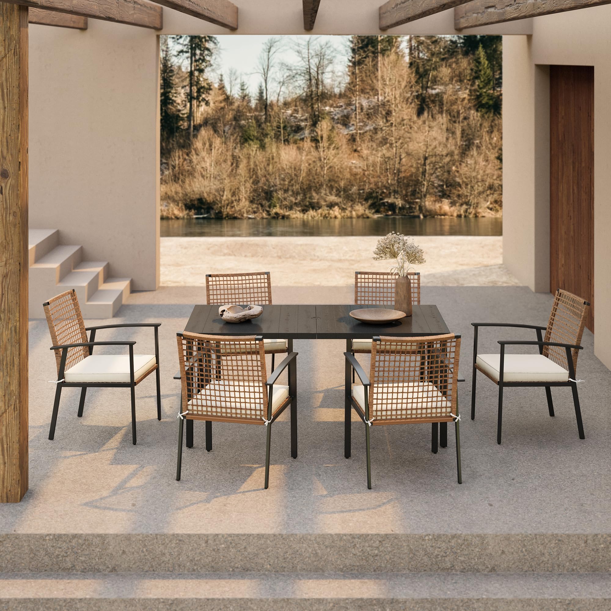 LAUSAINT HOME 7-Piece Patio Dining Set - Outdoor Furniture with 6 Chairs & Iron Table (Umbrella Hole) - Weather-Resistant Backyard, Garden, Poolside Conversation Set for Relaxing & Entertaining