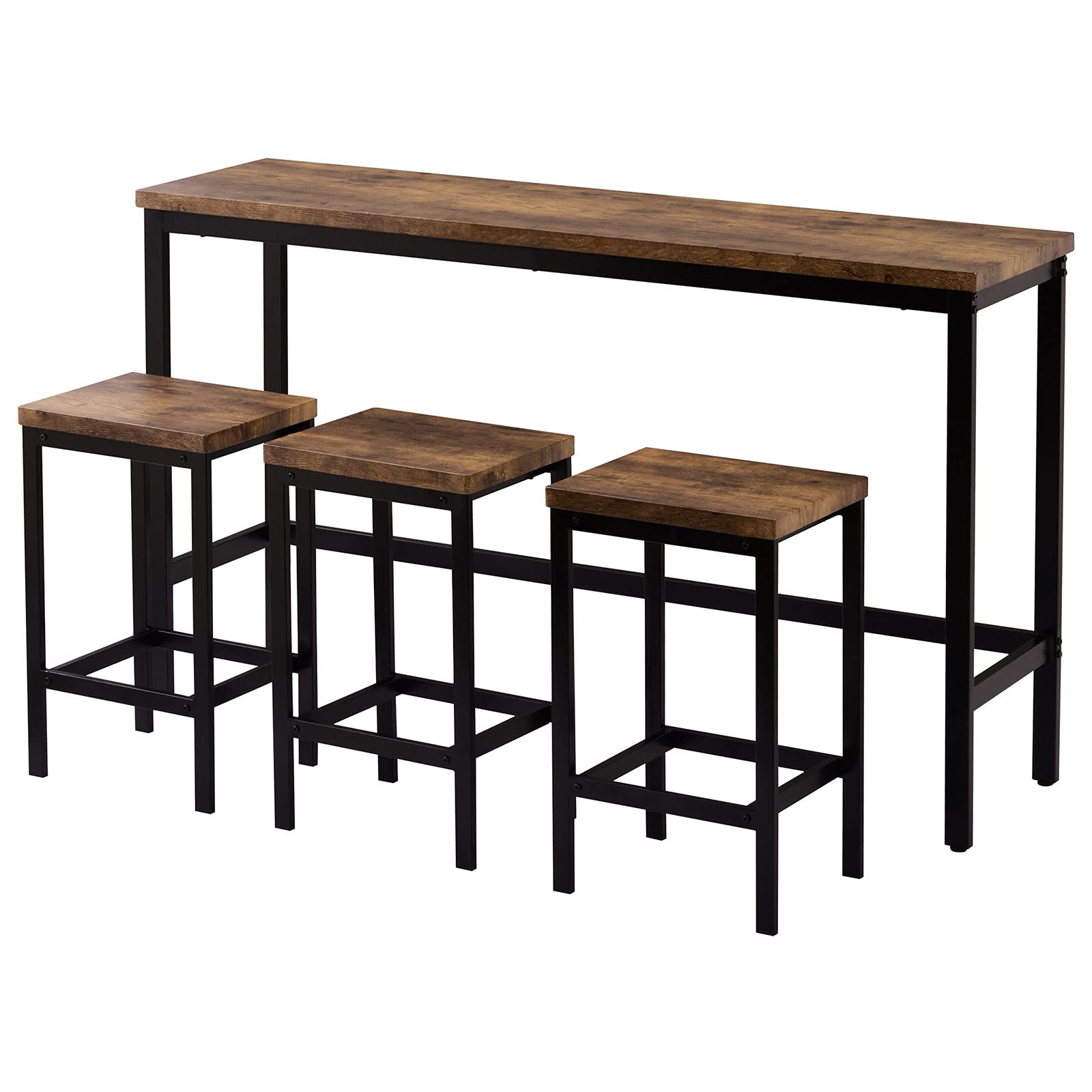 4-Piece Pub Table Set with 3 Stools - Counter Height Extra Long Kitchen Dining Set - Brown Bar Height Table with Footrest for Home, Kitchen & Entertaining - Perfect for Small Spaces, Breakfast Nooks & Casual Dining