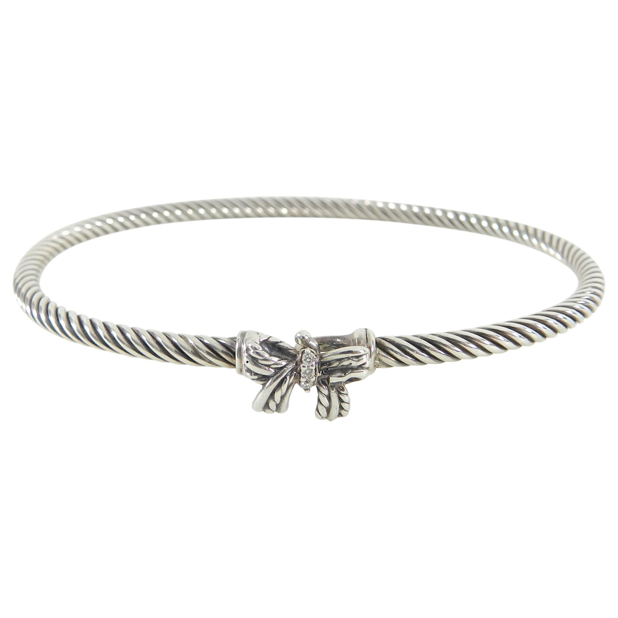 David Yurman Sterling Silver Cable Ribbon Bow Bangle with Diamonds - Elegant Jewelry for Women, Perfect for Weddings, Parties & Special Occasions