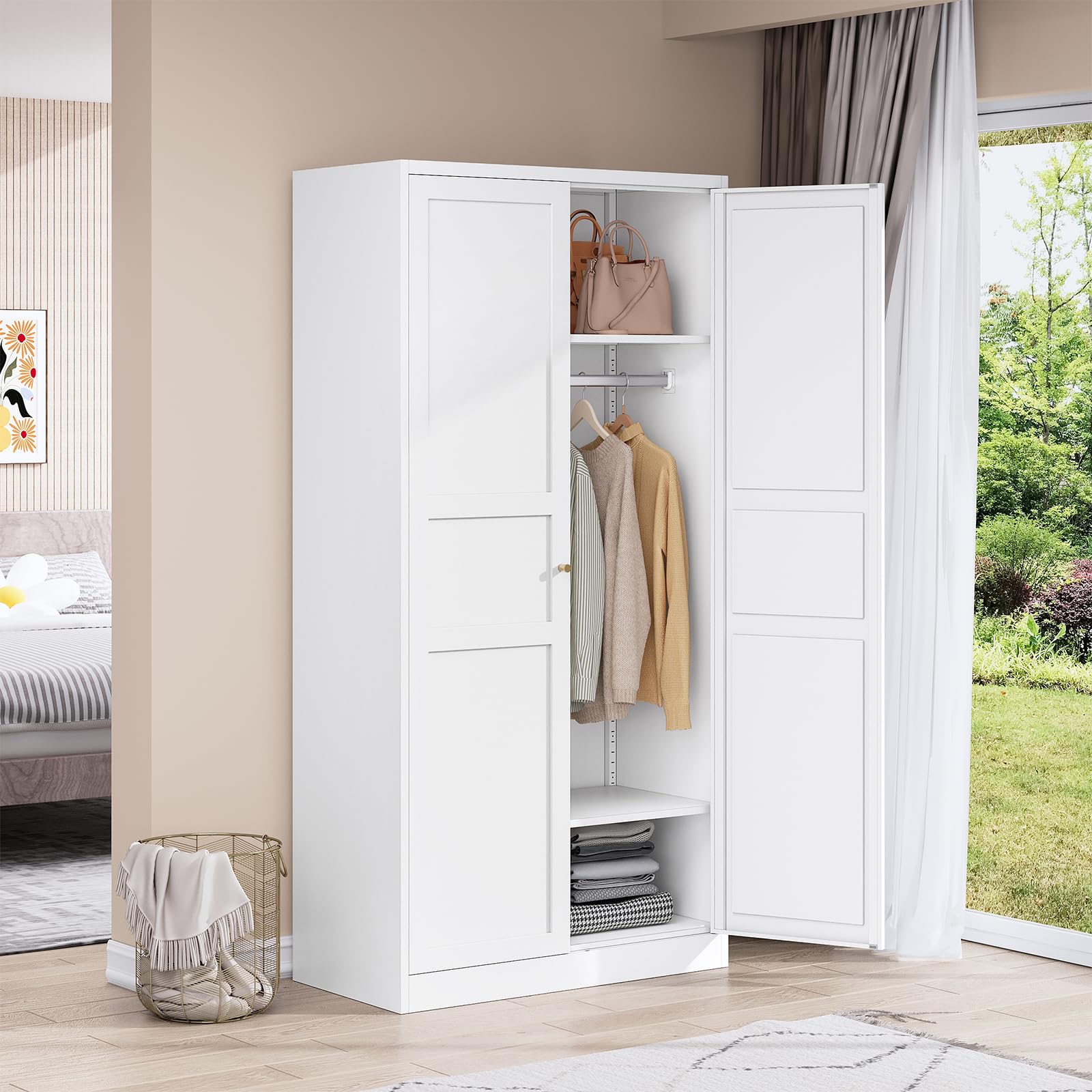 White Metal Wardrobe Closet Cabinet with Doors & Shelves - Space Saving Storage Armoire for Bedroom, Laundry Room, Home Office & Bathroom Organization | Perfect for Small Spaces & Apartment Living