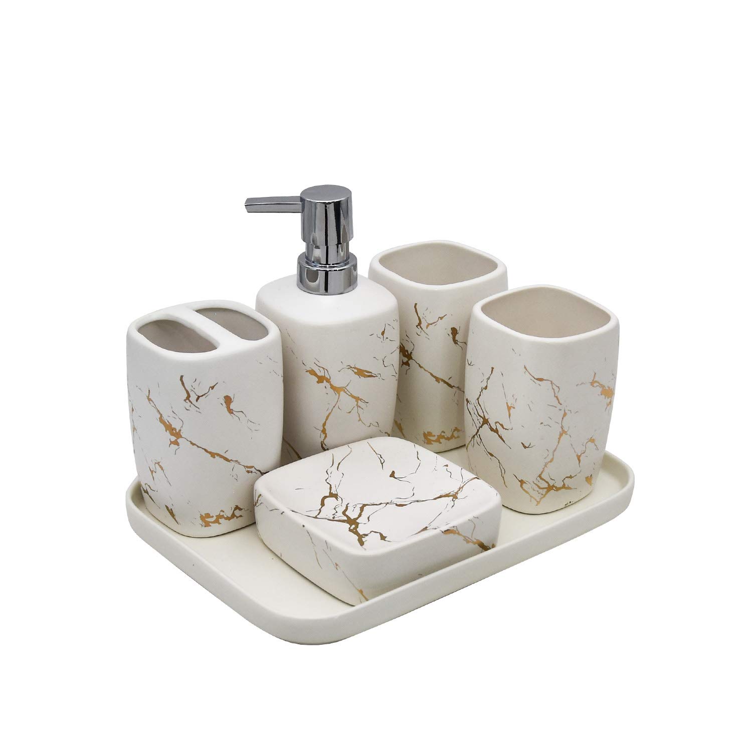 SOOMILE 6-Piece White Ceramic Square Marble Bathroom Accessory Set - Soap Dispenser, Toothbrush Holder, Tumbler & More | Modern Home Decor for Bathroom Organization | Perfect Housewarming Gift for New Homeowners