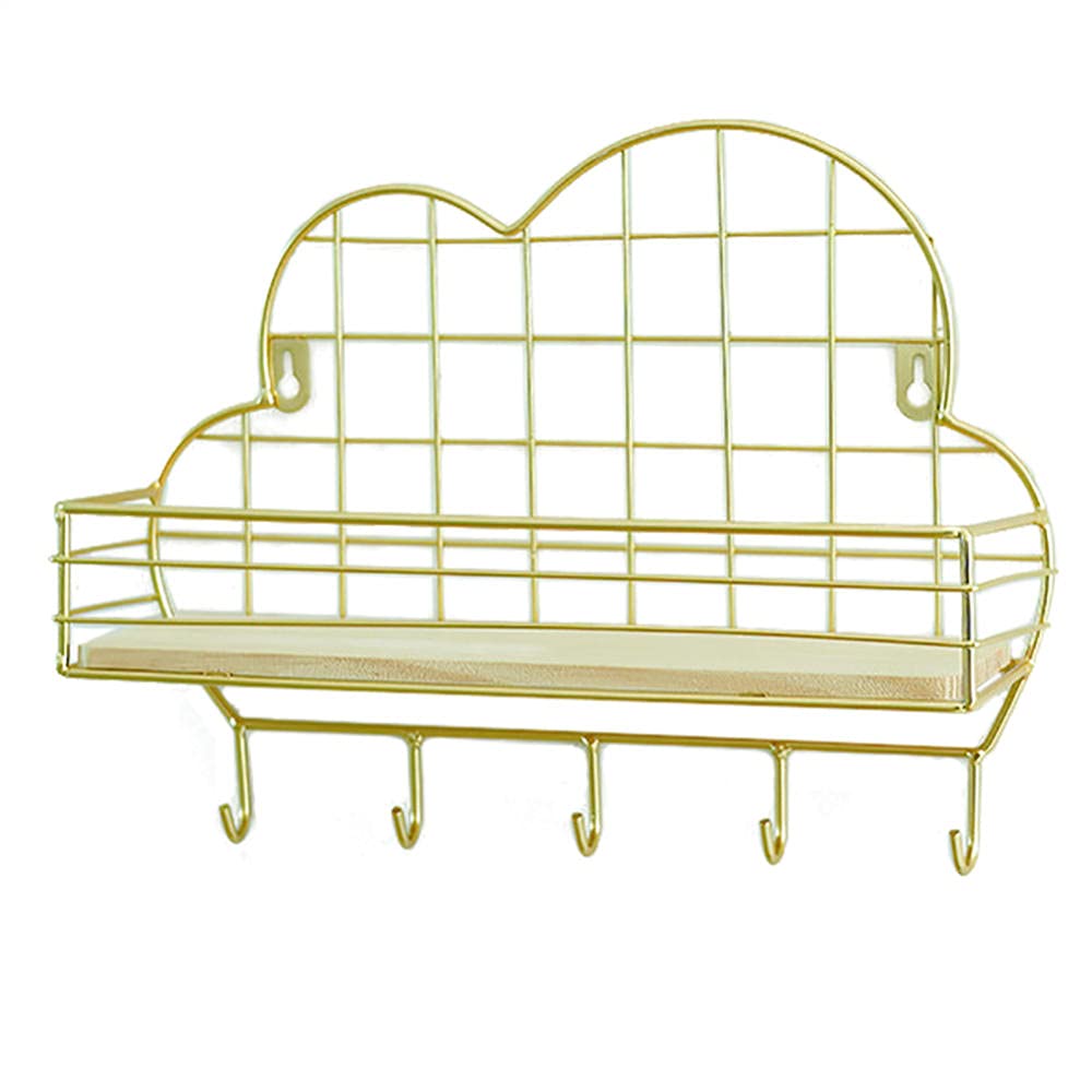 Cloud Shaped Floating Shelves Wall Mounted - Decorative Storage Shelf with 5 Metal Hooks, Bathroom Hanging Shelf, Multifunctional Metal Storage Rack - Display Ledge for Kitchen, Coffee Bar, Bedroom, Living Room - Gold (Perfect for Organizing Spices, Books, Plants & Decor)