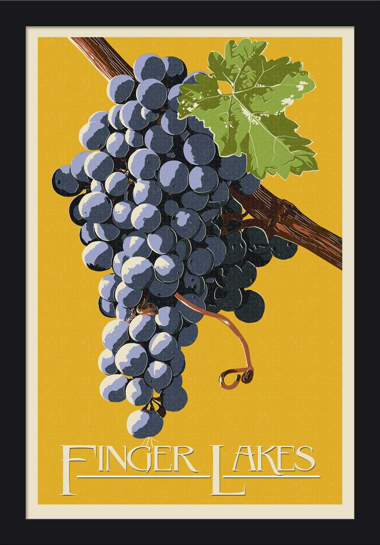 Finger Lakes New York Wine Grapes Letterpress Art Print - 16x24 Giclee Fine Art on Recycled Wood Frame in Black - Perfect for Kitchen, Dining Room & Wine Cellar Decor