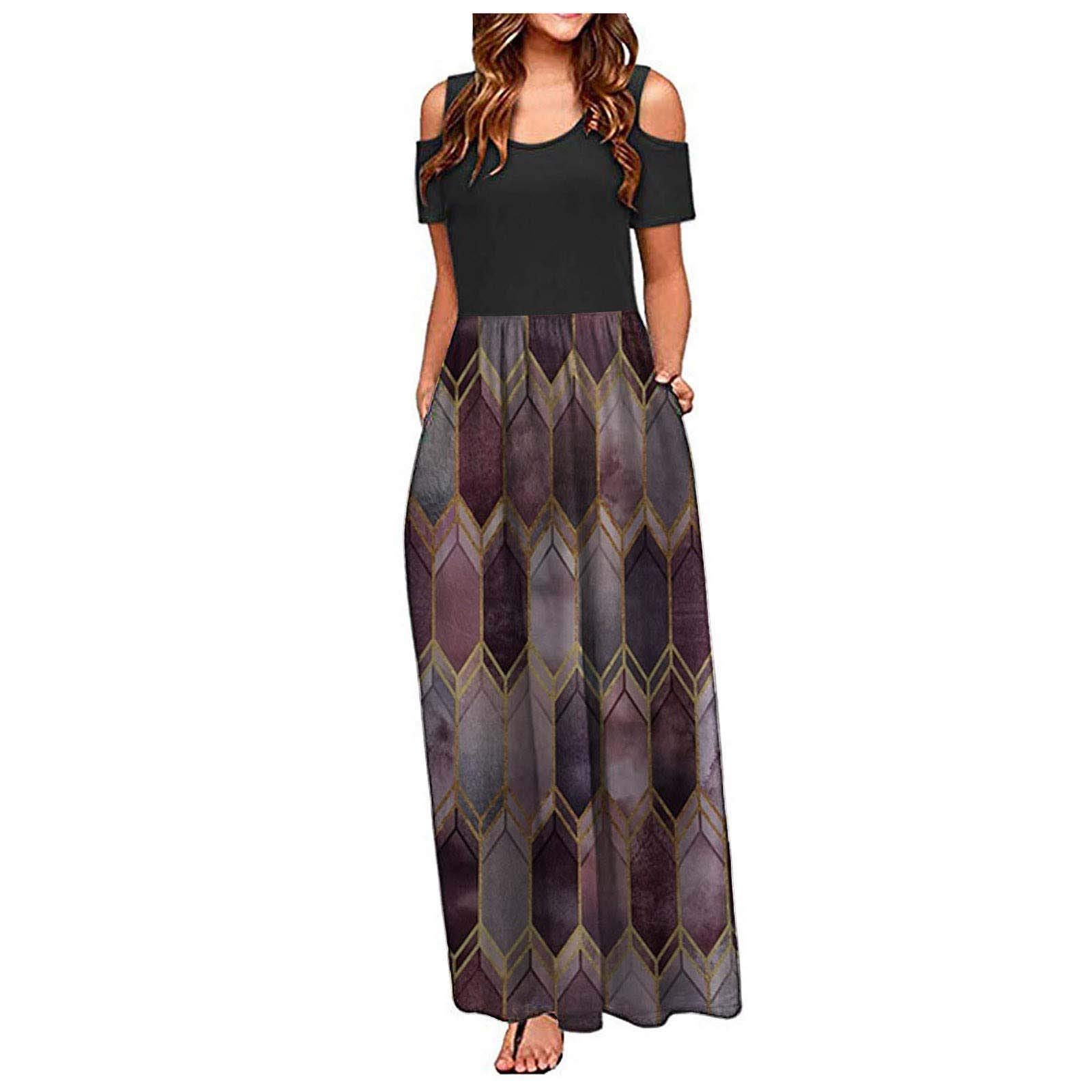 Elegant Patchwork Floral Summer Dress for Women - Short Sleeve Cold Shoulder Sundress, Casual Maxi Dress for Work, Beach, Vacation & Outdoor Events