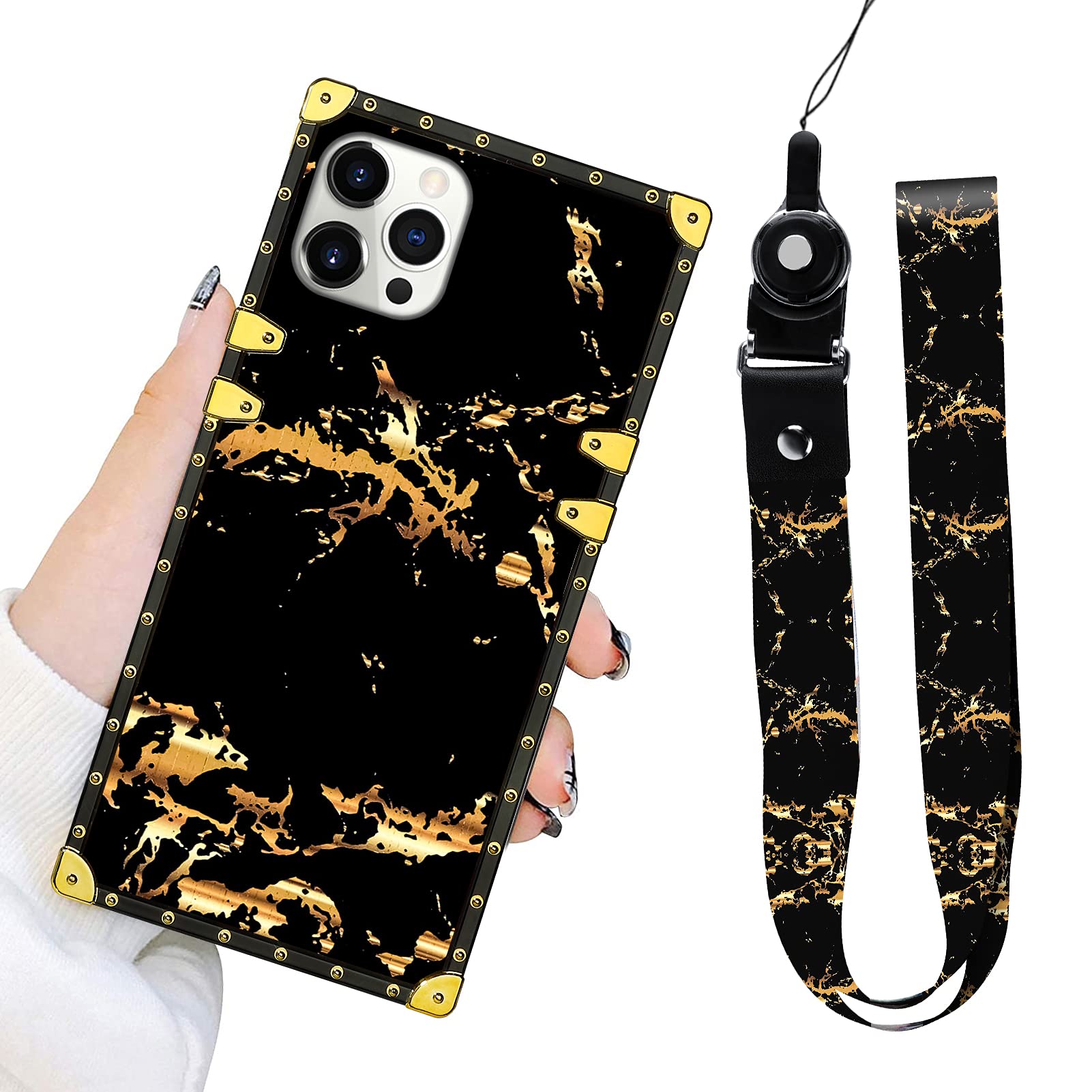 Bonoma iPhone 13 Pro Max Case 6.7 Inch (2021) - Luxury Gold Black Marble Design with Strap, Soft TPU Shockproof Protective Cover with Metal Cushion Corners | Perfect for Everyday Use, Travel & Outdoor Activities