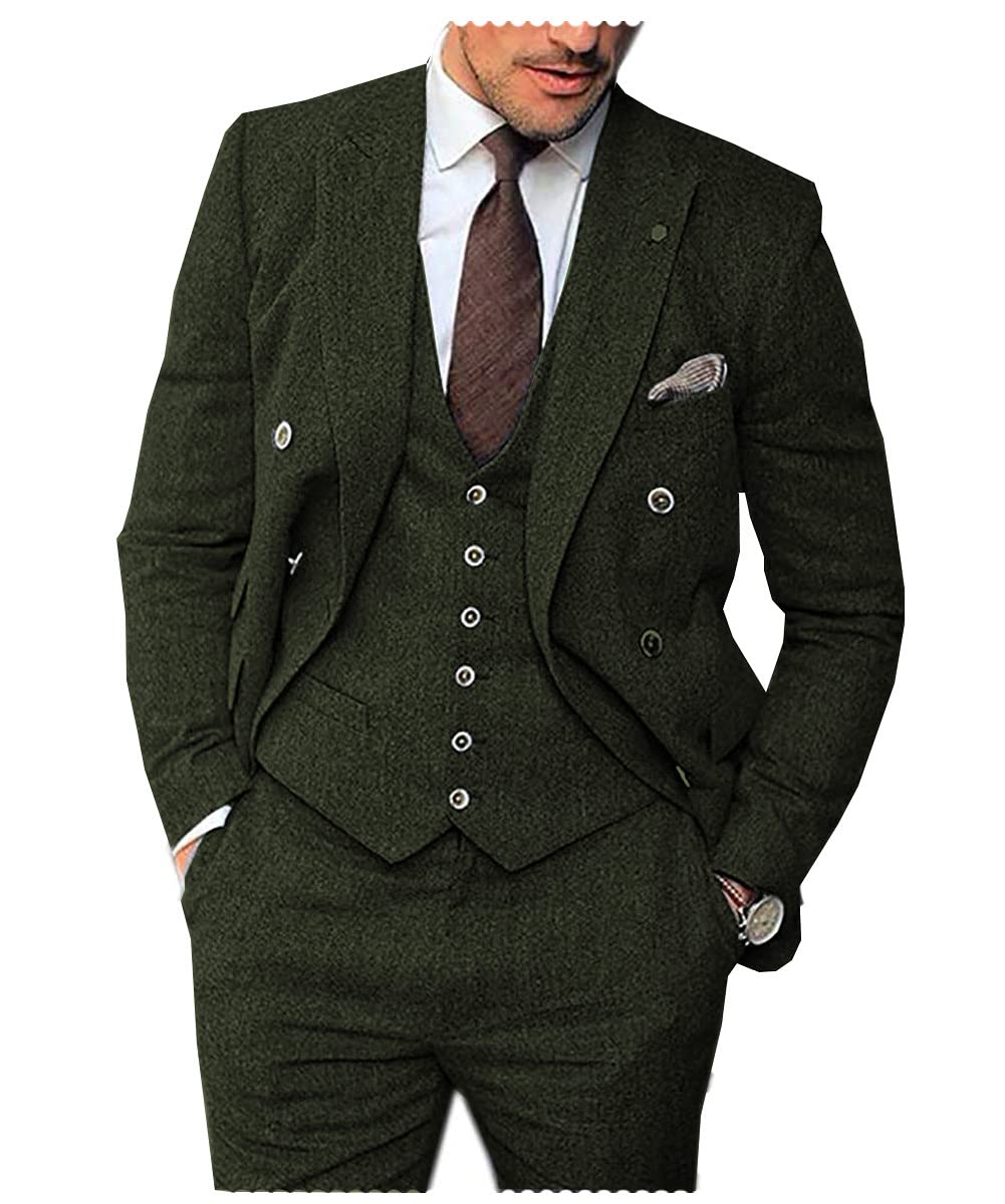 SOLOVEDRESS Men's Classic 3-Piece Wool Tweed Suit Set with Peak Lapel - Wedding Tuxedo Blazer, Vest & Pants for Groomsmen | Perfect for Formal Events, Business Meetings & Special Occasions