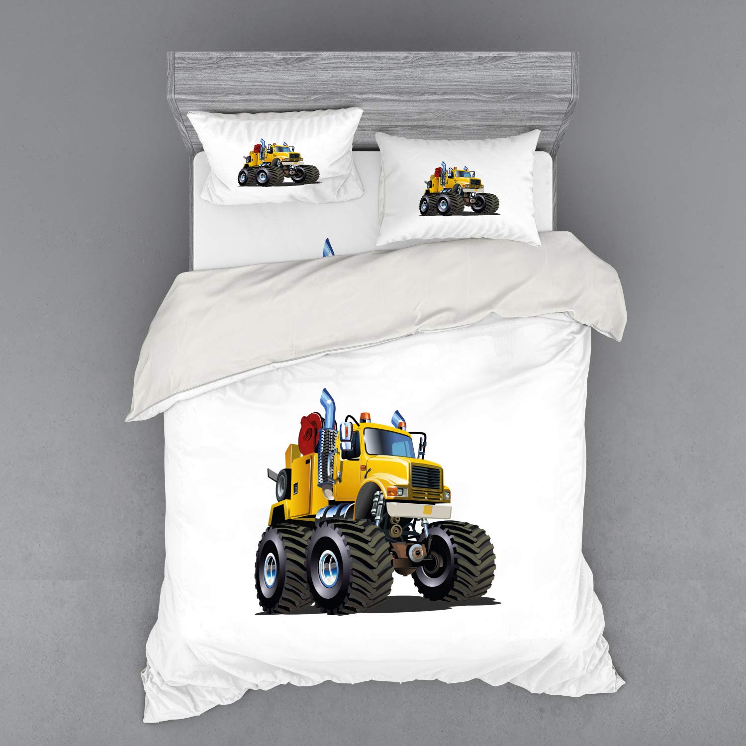 Ambesonne Monster Truck Bedding Set - 4 Piece Duvet Cover with Shams & Fitted Sheet, Queen Size, Burgundy Yellow Black - Perfect for Boys' Room, Truck Enthusiasts & Unique Bedroom Decor