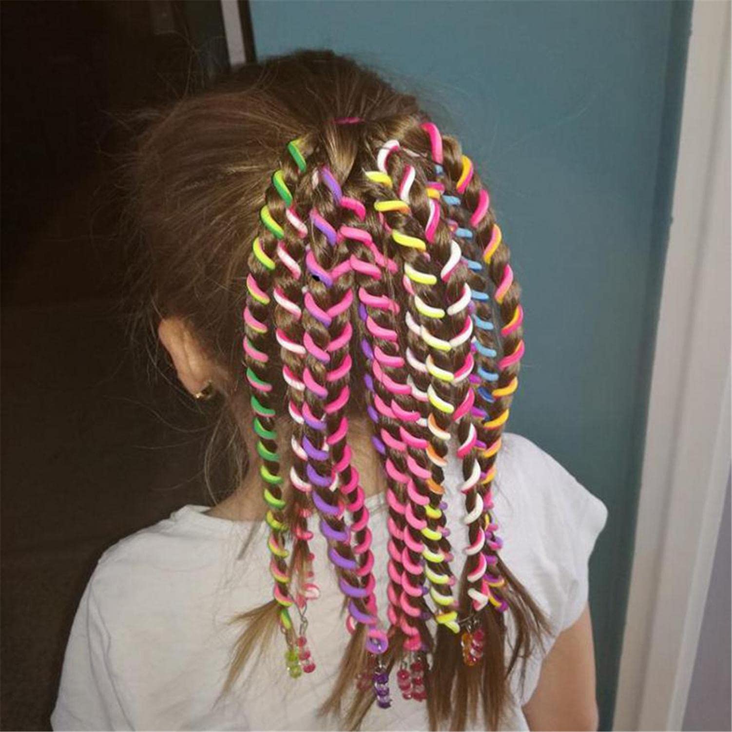 6Pcs Girls Braided Rubber Hair Bands with Rhinestones - Colorful Twist Hair Ties for DIY Styling, School, Party & Everyday Use