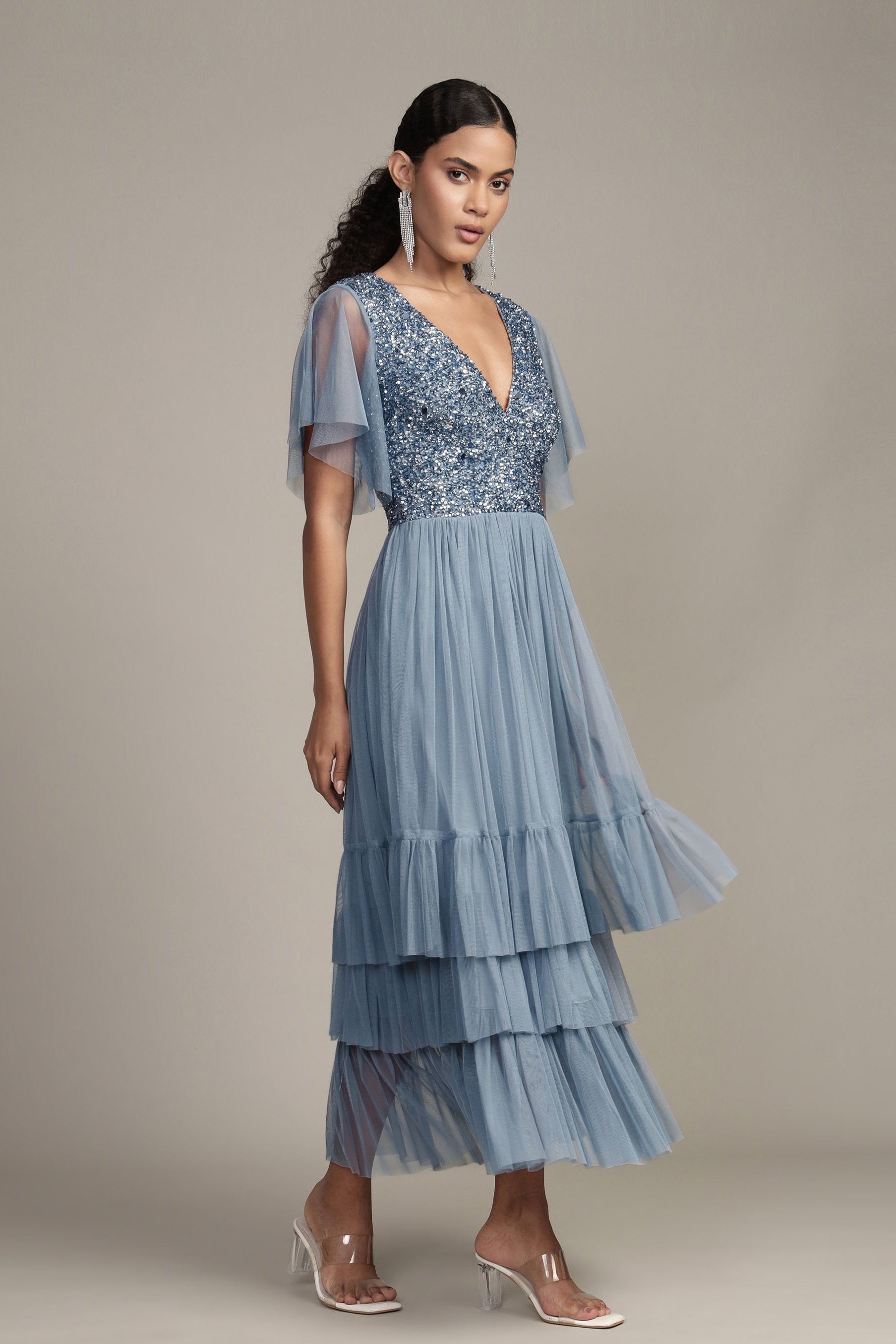 Elegant Maddie Embellished Midi Dress in Dusty Blue - Perfect for Weddings, Parties & Special Occasions