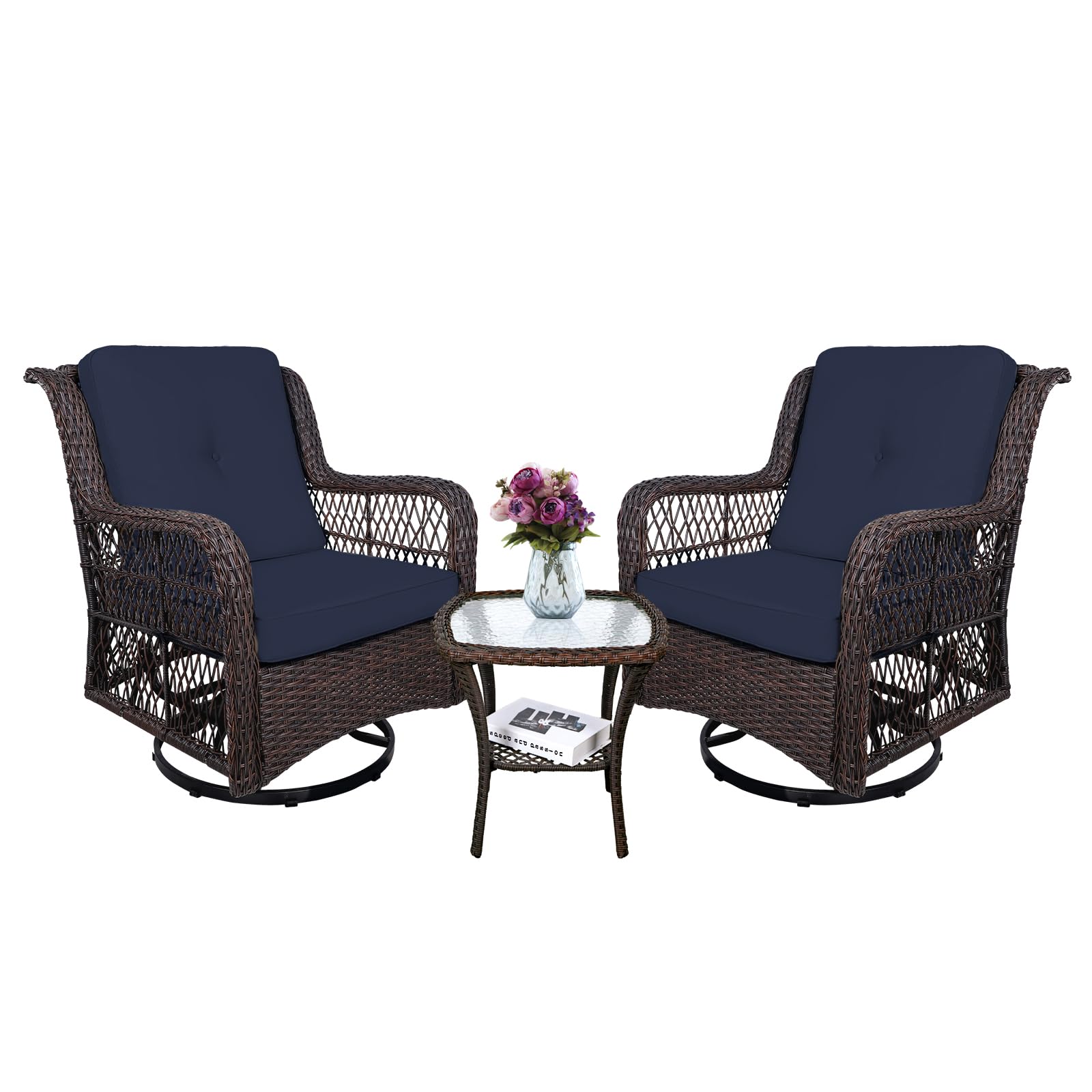 MEETWARM 3-Piece Outdoor Patio Furniture Set - Wicker Swivel Rocking Chairs with Thickened Cushions & Glass-Top Coffee Table - Navy Blue Rattan Bistro Conversation Set for Garden, Balcony, and Backyard Relaxation