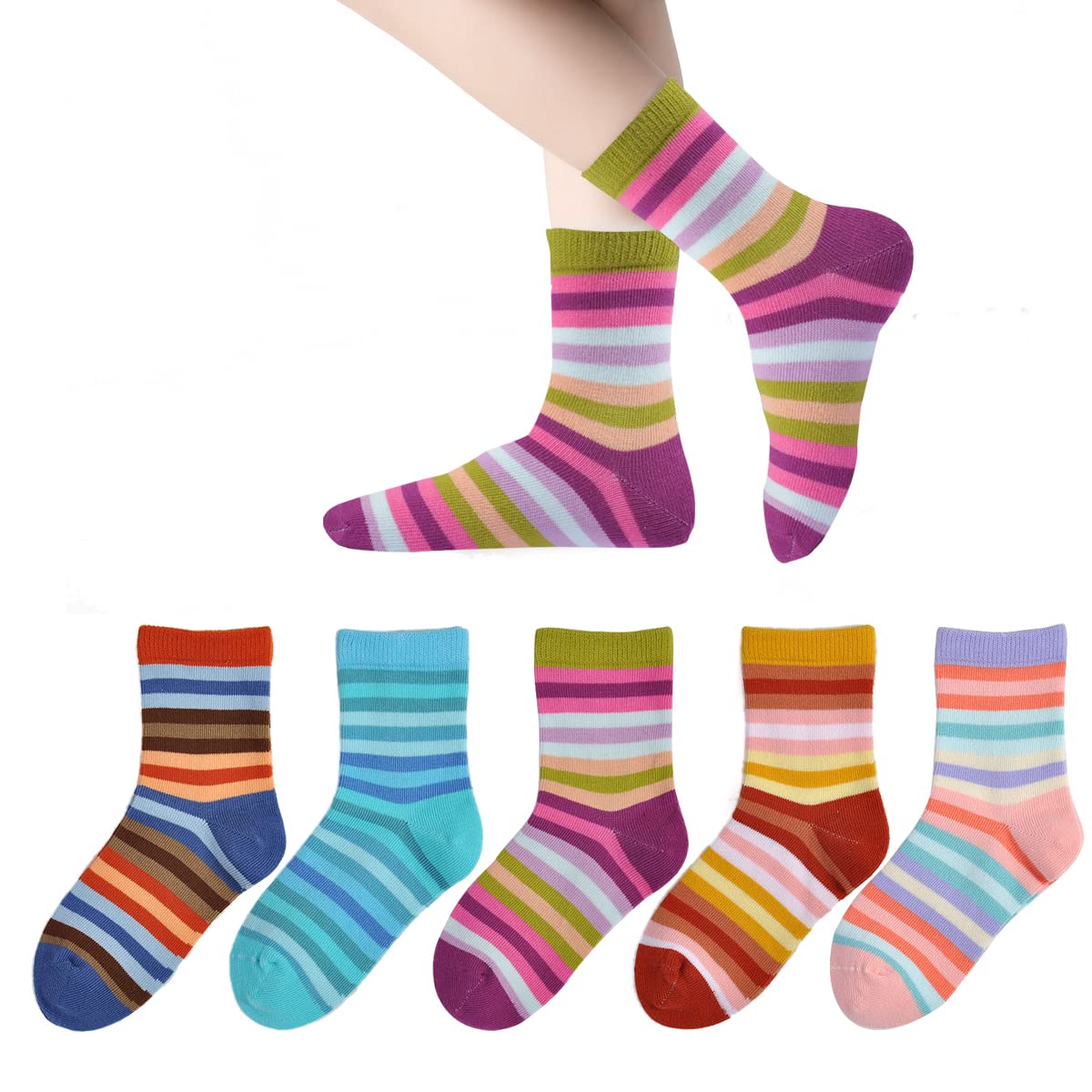 Marchare Girls Seamless Cotton Crew Socks for Kids - 5 Pack Rainbow Stripes Casual & School Socks - Soft, Comfortable Everyday Wear for Play, Sports & Classroom