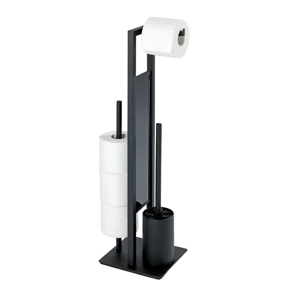Rivalta Freestanding Toilet Brush and Roll Holder - Black | Bathroom Cleaning Organizer for Modern Homes