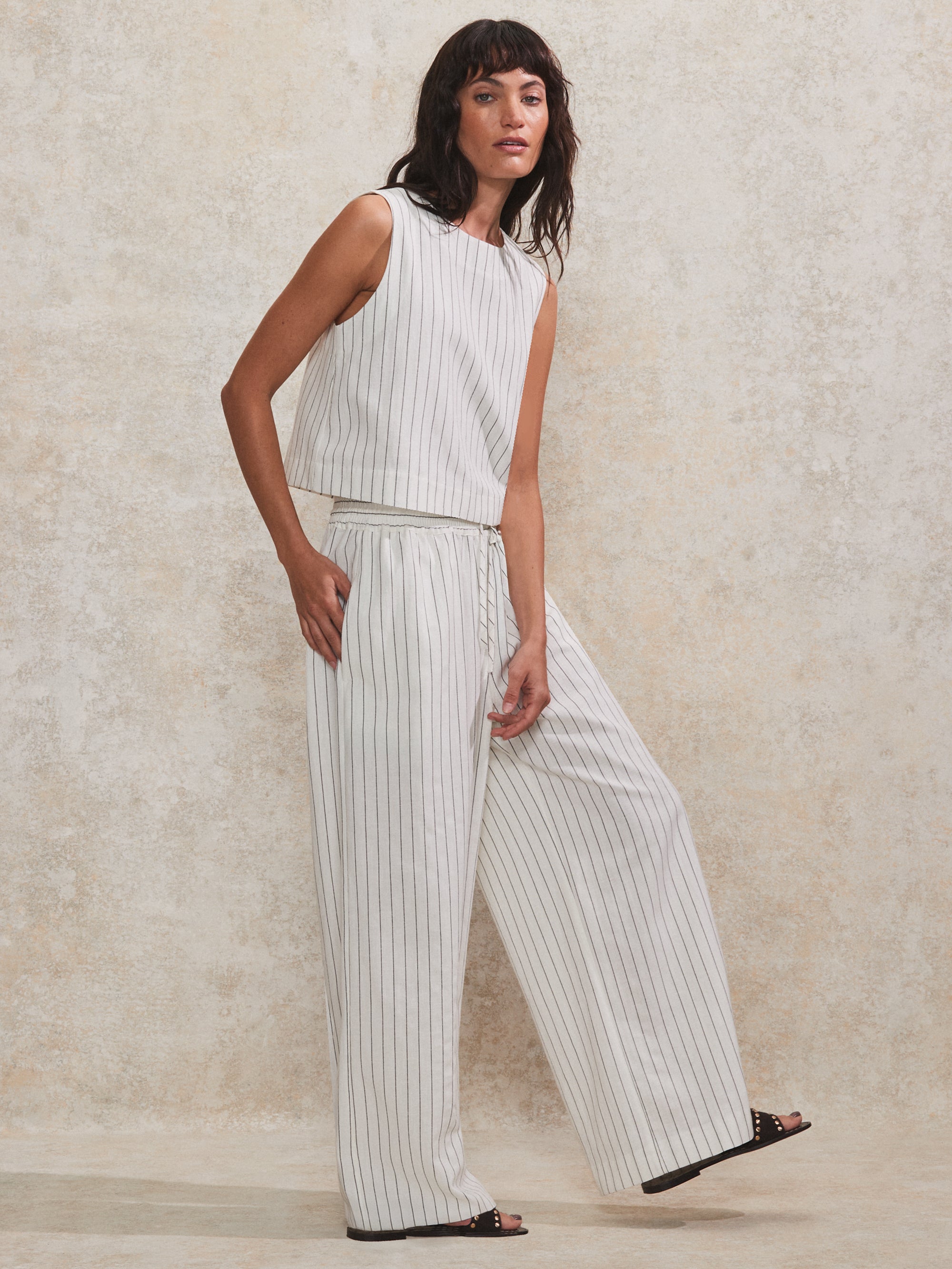 Ivory Pinstripe Linen Blend Wide Leg Pants for Women - Comfortable Summer Office Wear & Casual Outfits