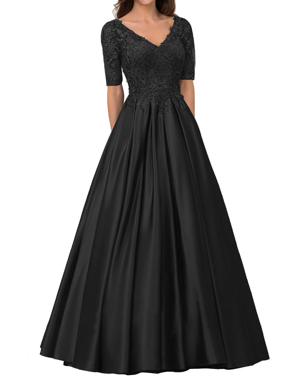 Elegant Mother of The Bride Dresses with Lace Sleeves - Women's Formal Satin Evening Gown with V-Neck for Weddings, Parties & Special Occasions