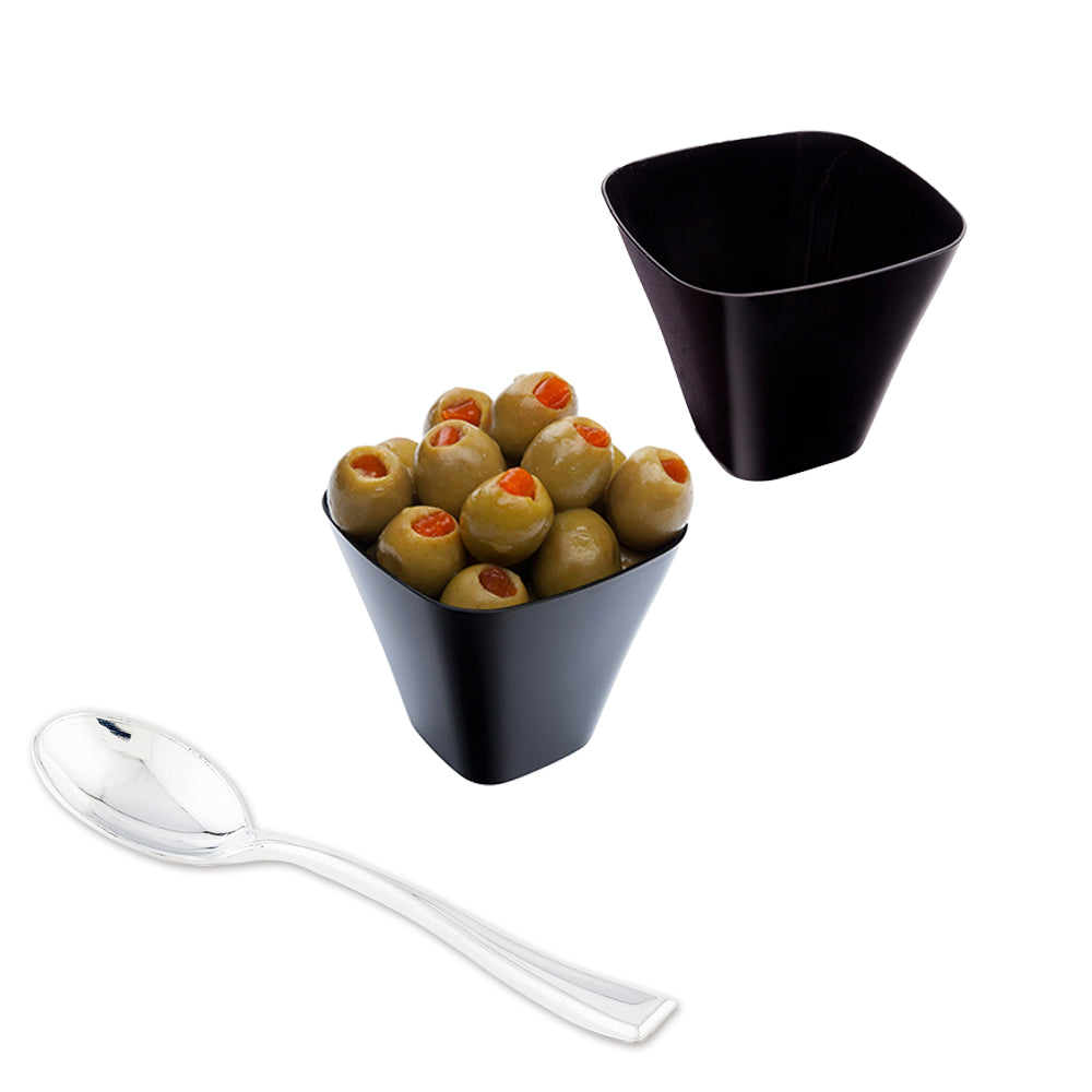 100 Pack 4 oz Square Black Plastic Bellissima Tasting Cups with 100 Silver Mini Plastic Spoons - Perfect for Wine Tasting, Dessert Sampling, and Party Appetizers