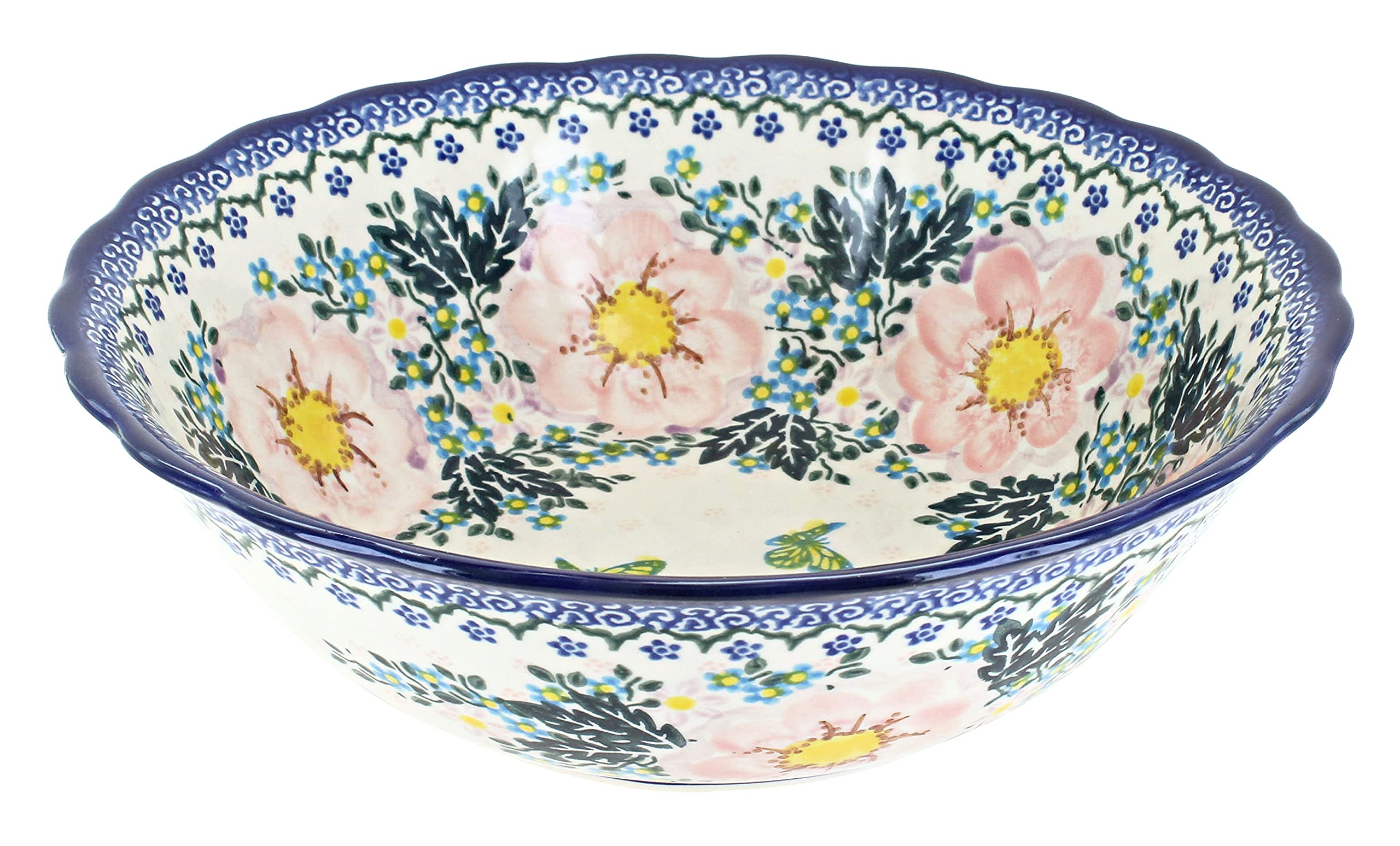 Handmade Blue Rose Polish Pottery Apple Blossom Large Serving Bowl - Elegant Dining & Entertaining Dish for Salads, Pasta & Party Appetizers