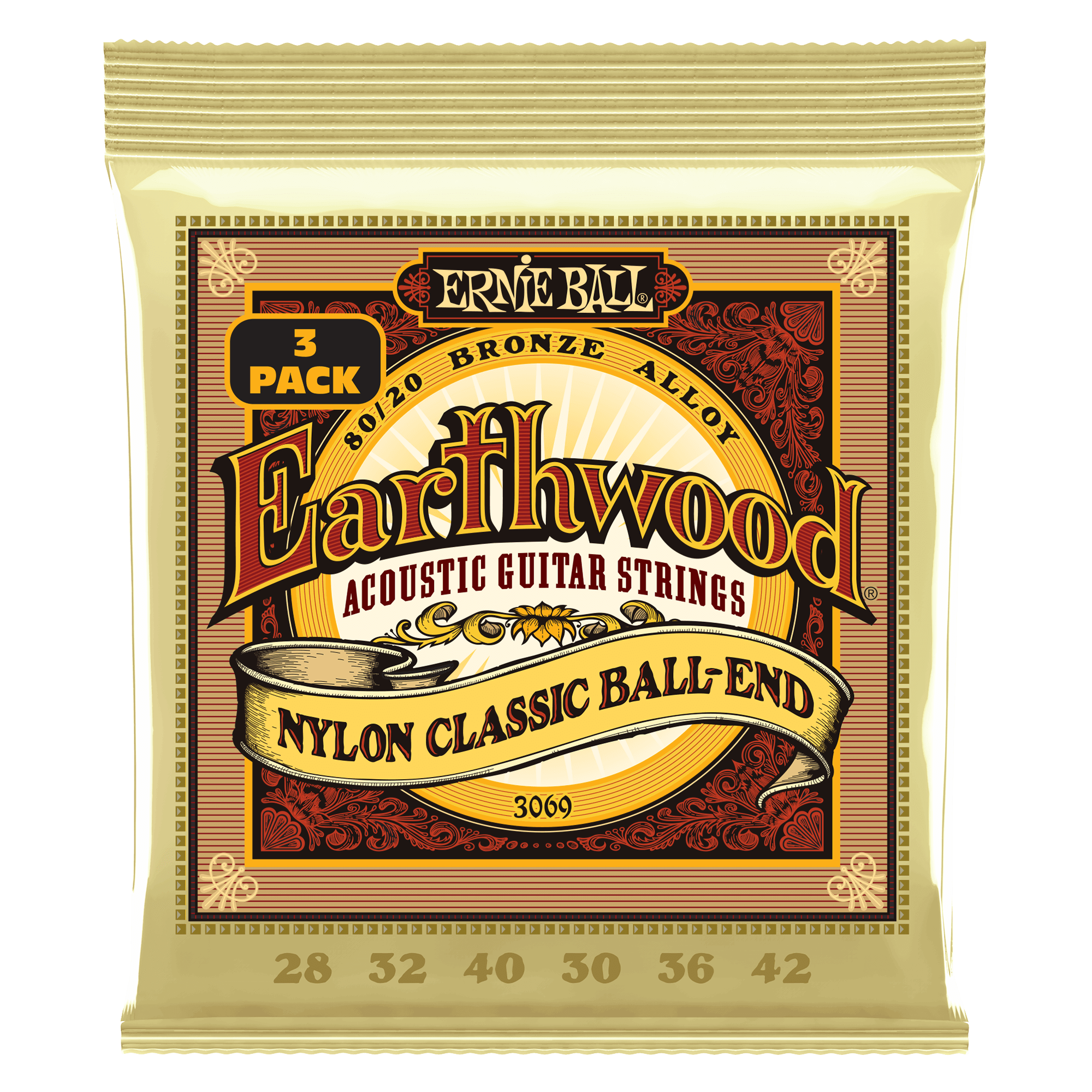 Ernie Ball Earthwood Folk Nylon Acoustic Guitar Strings - Clear & Gold with Ball End - 8020 Bronze - 3 Pack (28-42) - Perfect for Fingerstyle, Folk & Classical Guitar Playing