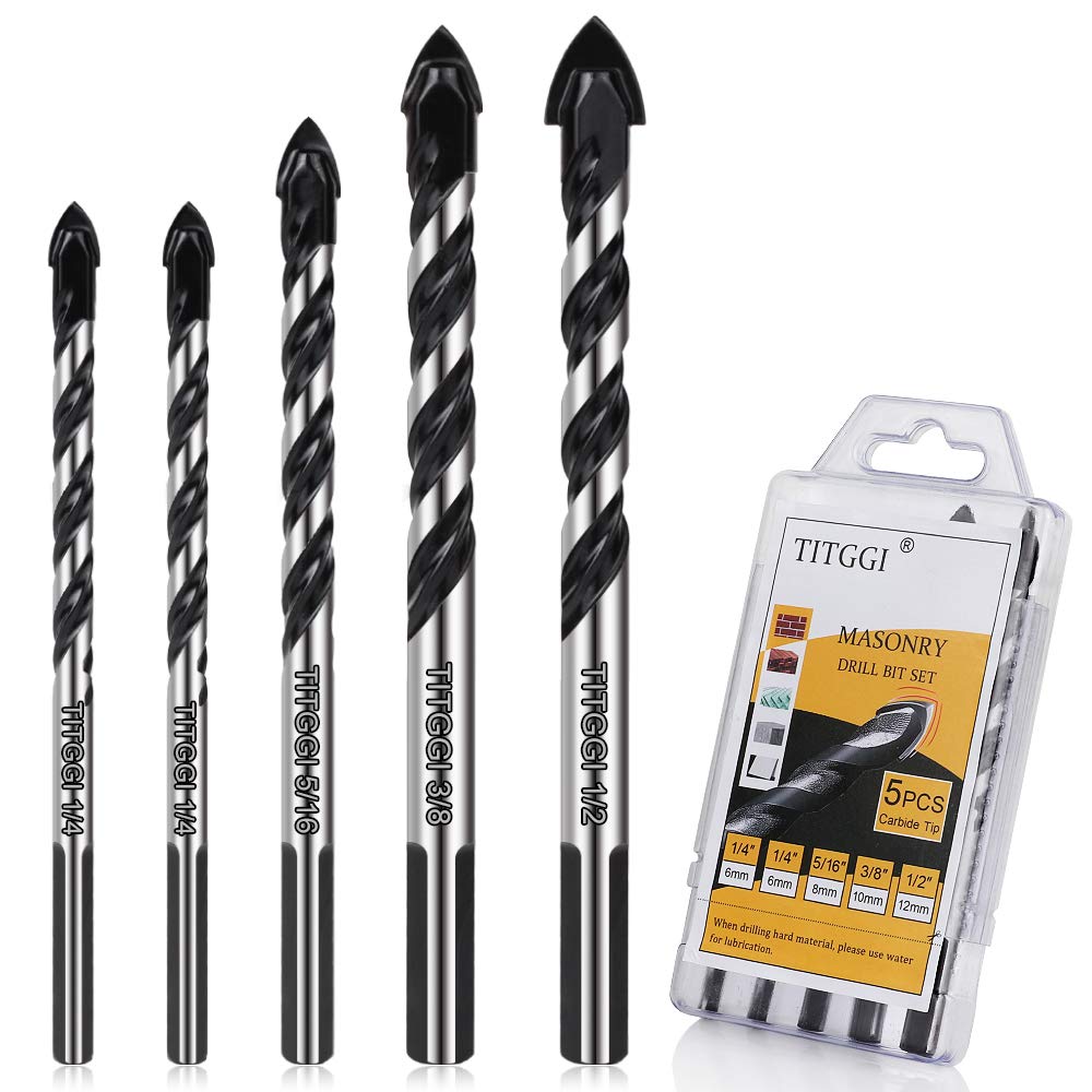 TITGGI Professional 5-Piece Concrete & Masonry Drill Bit Set - Carbide Tip for Glass, Brick, Plastic, Cement, Wood & Tile (1/4
