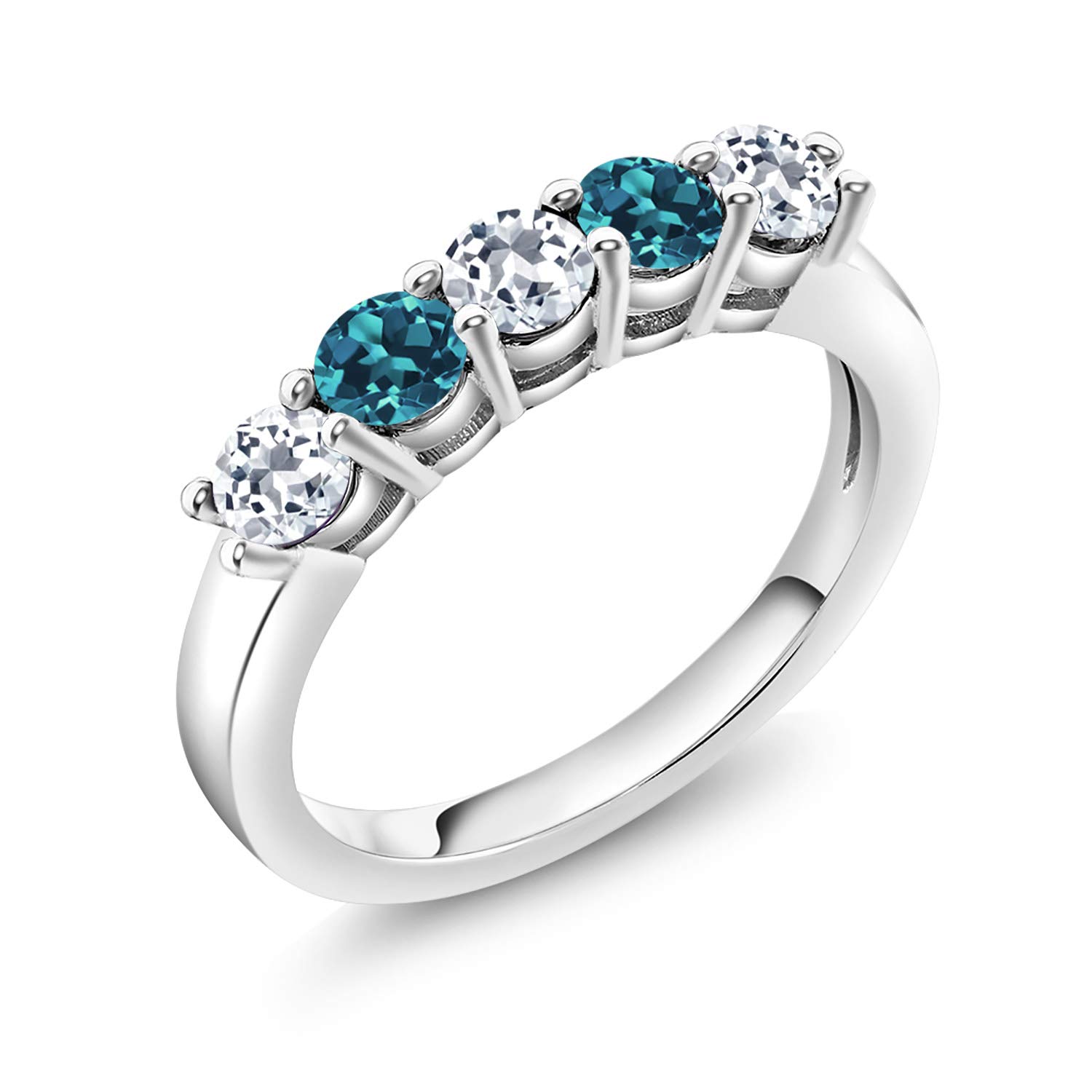1.09 Ct Round White & London Blue Topaz 925 Sterling Silver Wedding Band Ring for Women - Elegant 5-Stone Engagement Ring, Anniversary Gift for Her