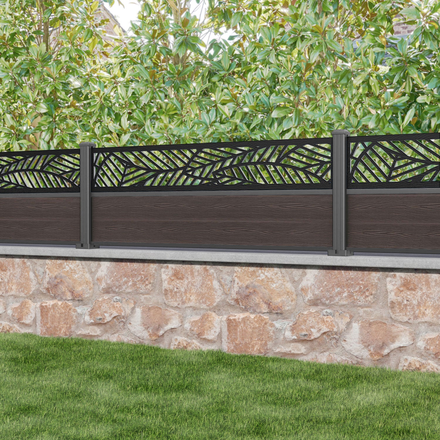 Classic Habitat Fence Panel - Mid Brown Wooden Privacy Screen with Aluminum Posts for Garden, Backyard, and Outdoor Decoration