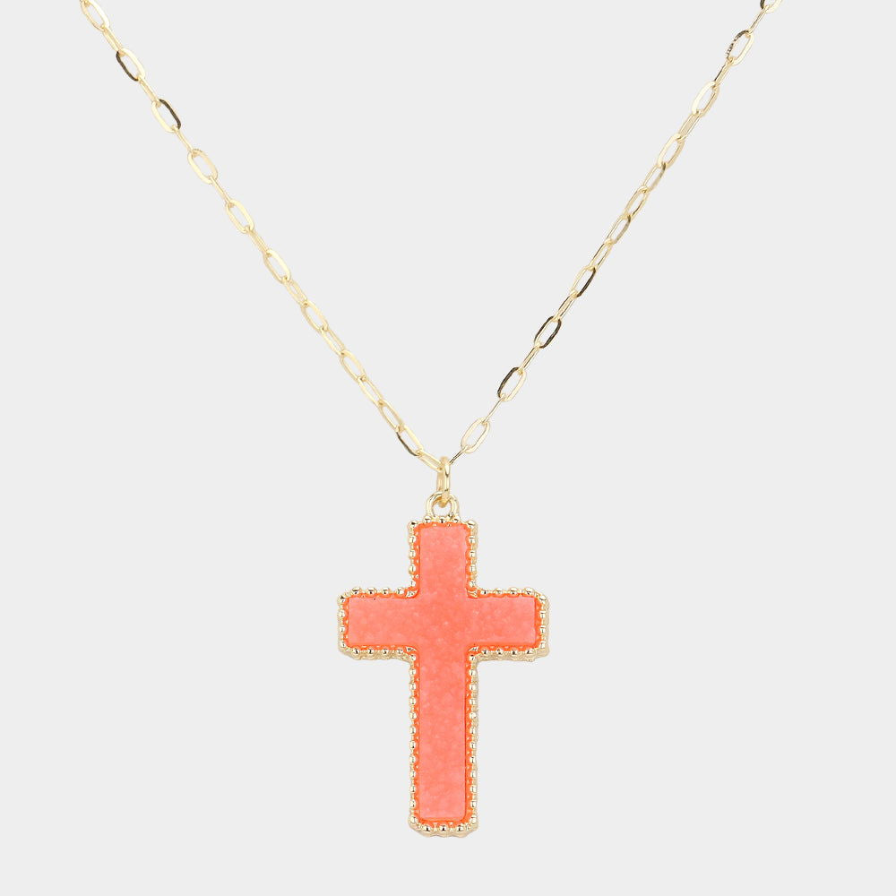 Coral Druzy Cross Pendant Necklace - Elegant Spiritual Jewelry for Women - Perfect for Gifts, Church, Weddings & Everyday Wear